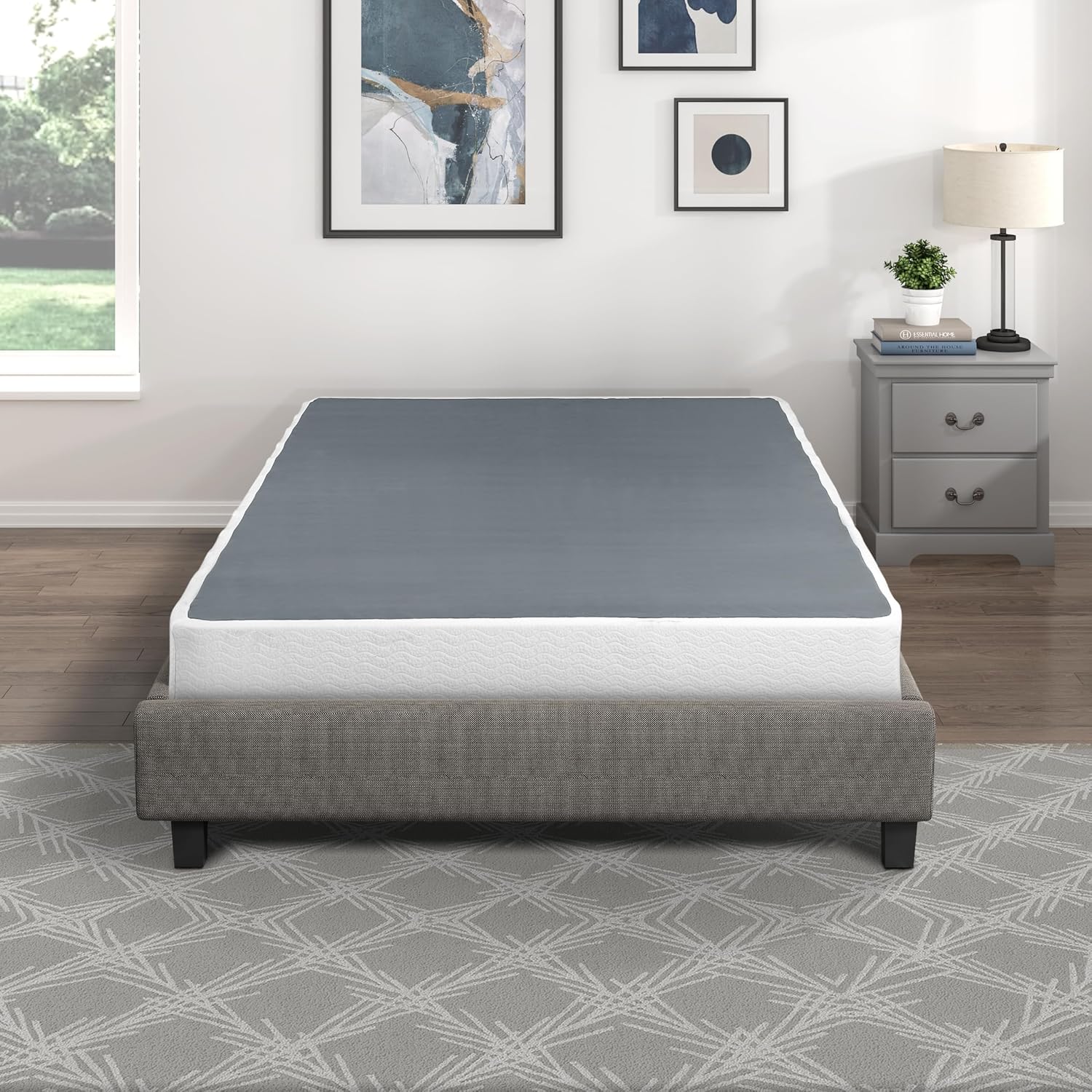 GOWE California King Mattress Foundation 1pc Black Metal Frame with Textured Fabric Cover