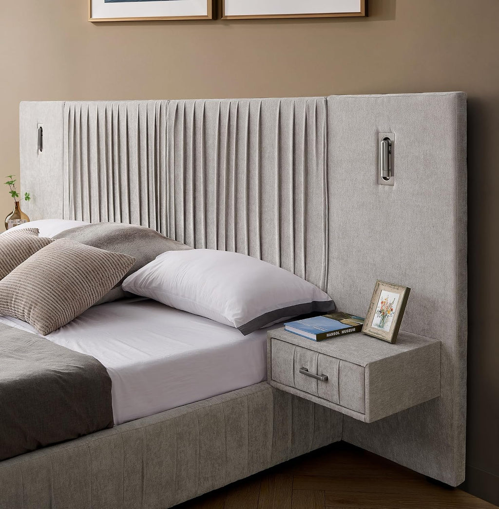 Queen Size Upholstered Platform Bed Frame with Headboard & Built-in Nightstand, Luxury Bed Frame for Modern Bedroom Sets, No Box Spring Needed, Stable & Adjustable Lighting(Beige)
