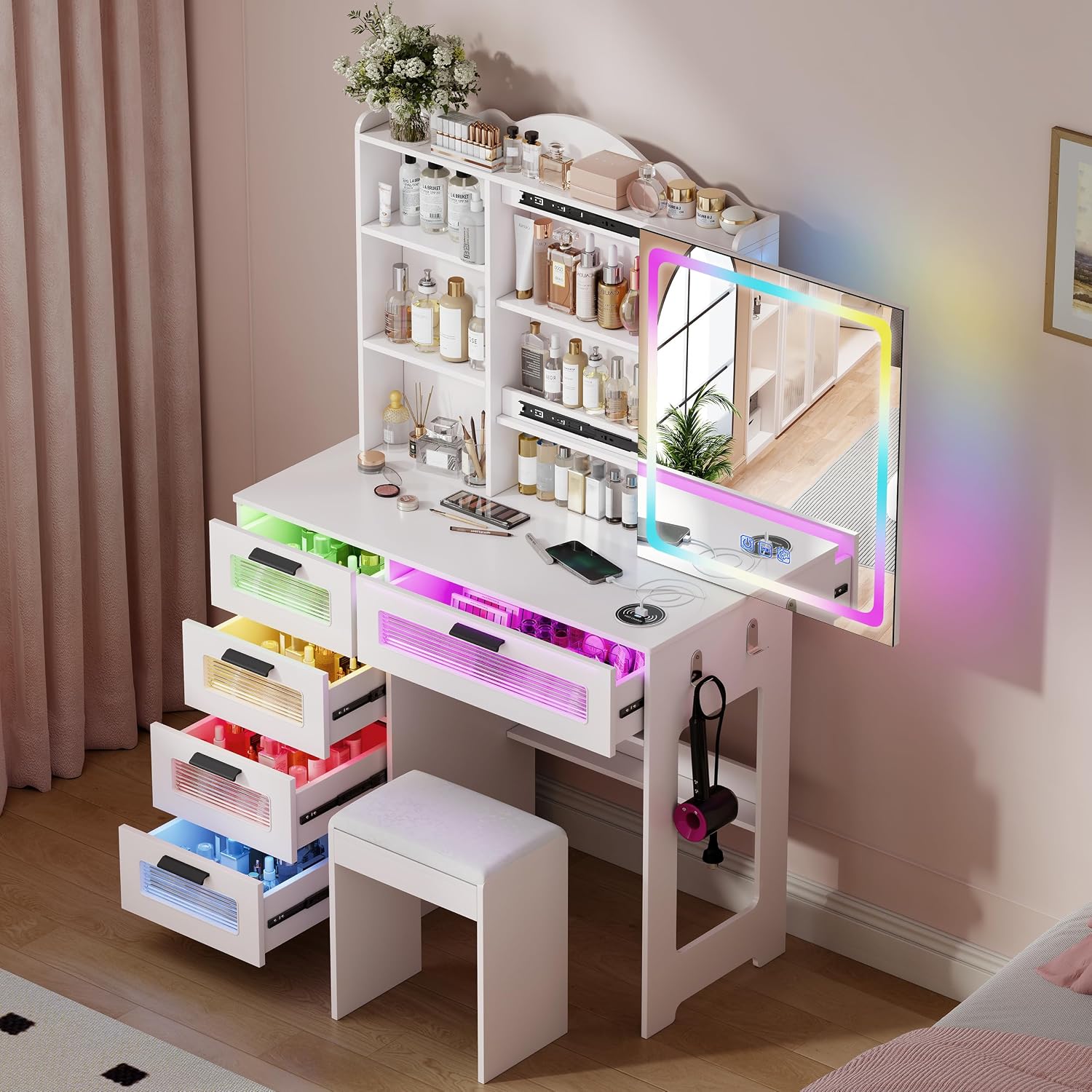 Vanity Desk with Mirror and Adjustable RGB Lights,Large 6 Drawers Makeup Table with Charging Station for Women and Girls, Bedroom or Dorm, White