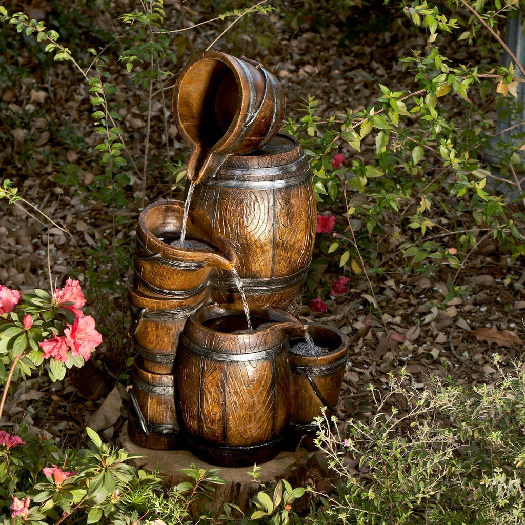 Alpine Corporation ZEN409S Outdoor Rustic 4-Tiered Barrels and Buckets Water Floor Fountain - Farmhouse Style, 24 Inch Tall, Brown