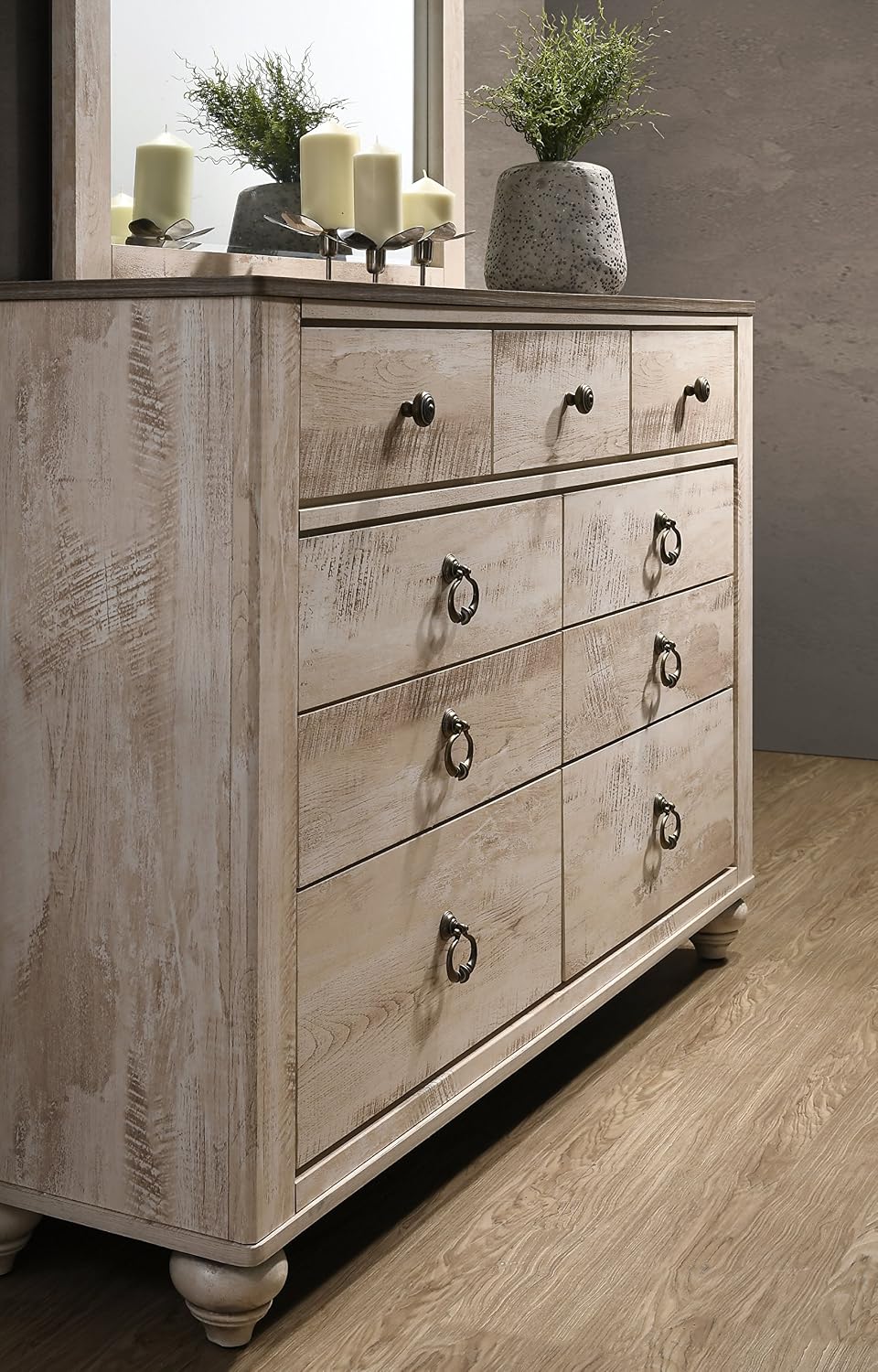 Contemporary White Wash Finish 4-Piece Bedroom Set-King Bed, Dresser, Mirror and Nightstand