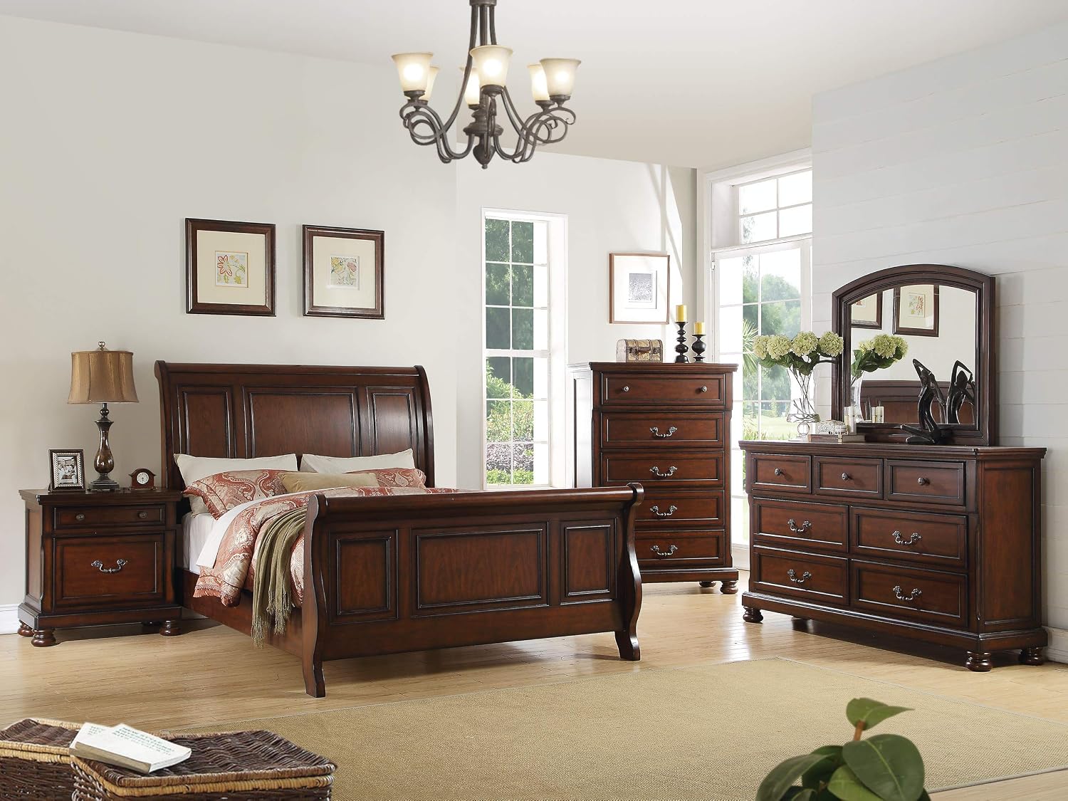 Pine Wood Queen Sleigh Bed, Cherry Brown