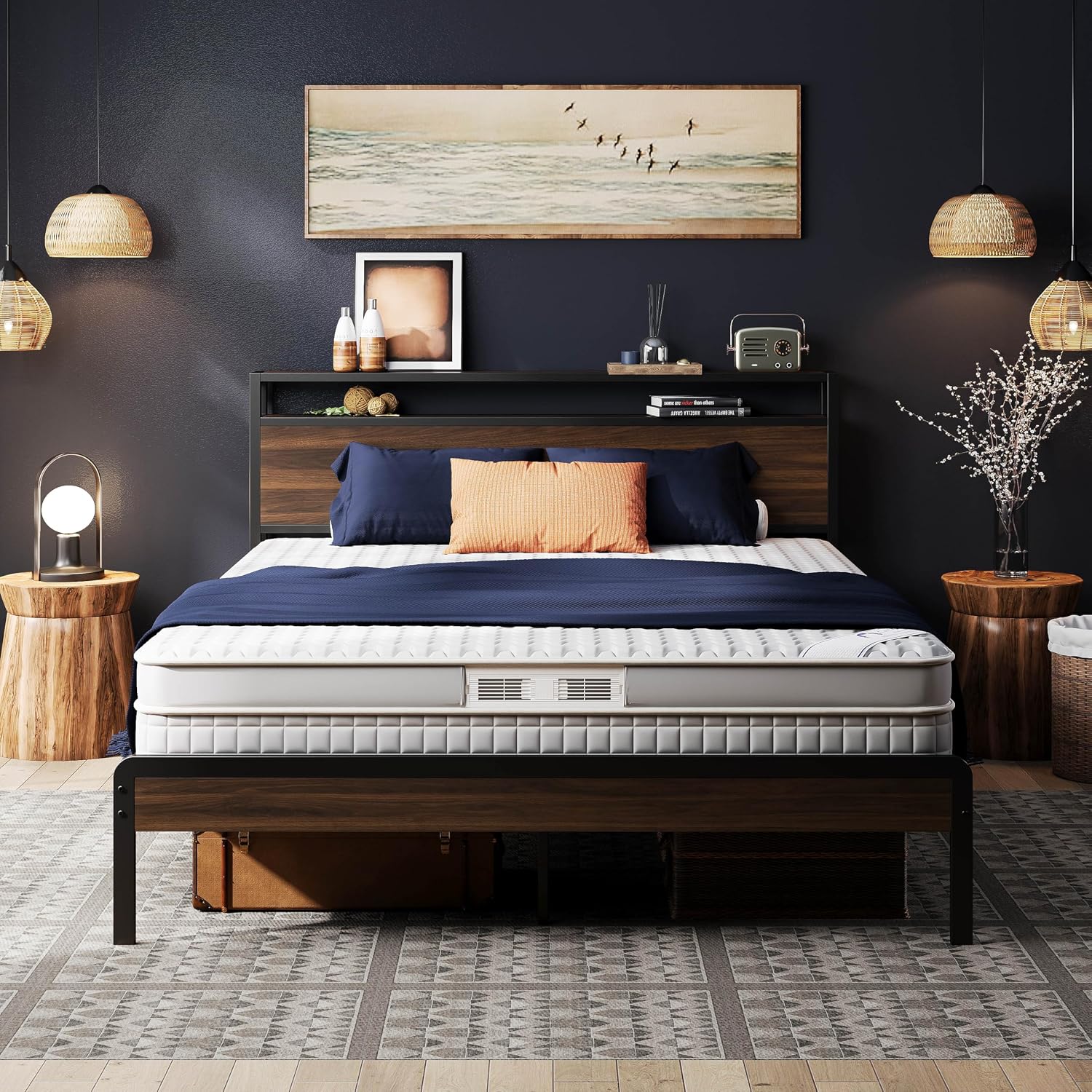 LIKIMIO Queen Bed Frame with Headboard, Dark Wood Camas Queen with Strong Supports, Sturdy, Noise-Free, No Box Spring Needed, Dark Walnut