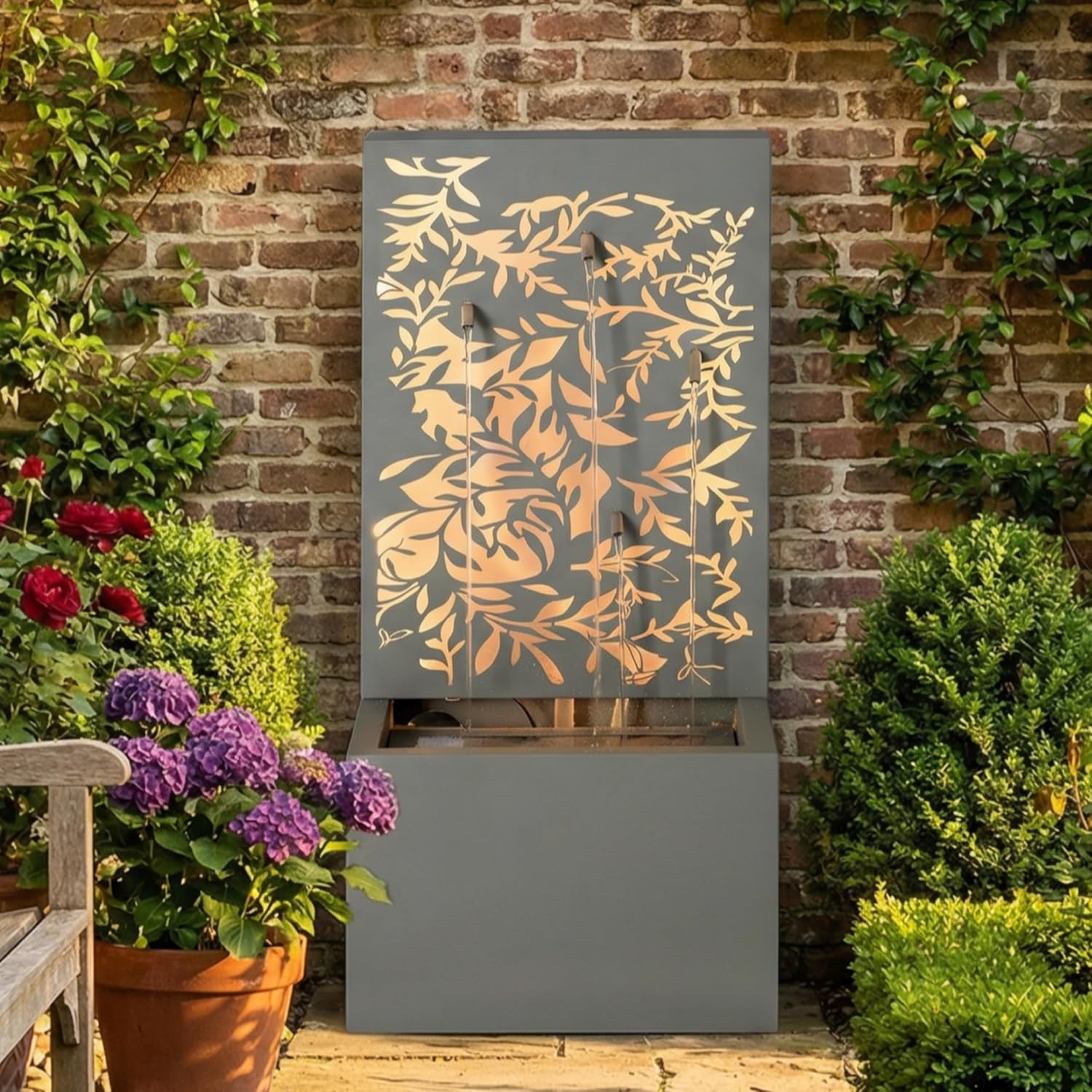 Merax 30.71' H Light Gray Metal Leaf Cutout Outdoor Water Wall Fountain with LED Lights, Modern Waterfall Feature for Patio Garden Backyard Decor