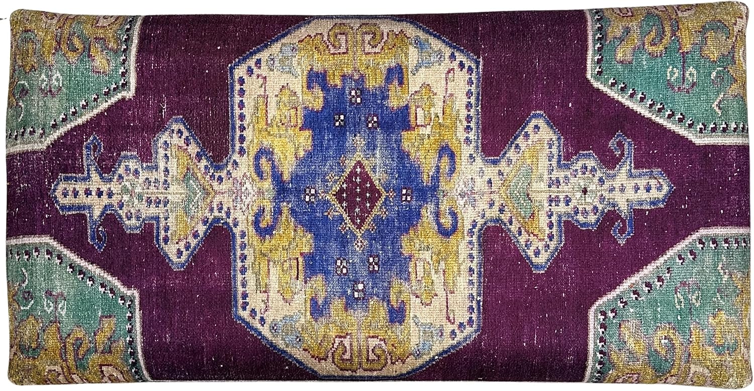 Boho Rug Upholstered Ottoman Bench, Piano Bench, Decorative Purple Ottoman Bench, Wood Bedroom Vanity Bench, Entryway Footstool Bench, Kitchen Dining Bench, (18x18X36, Purple Oushak)