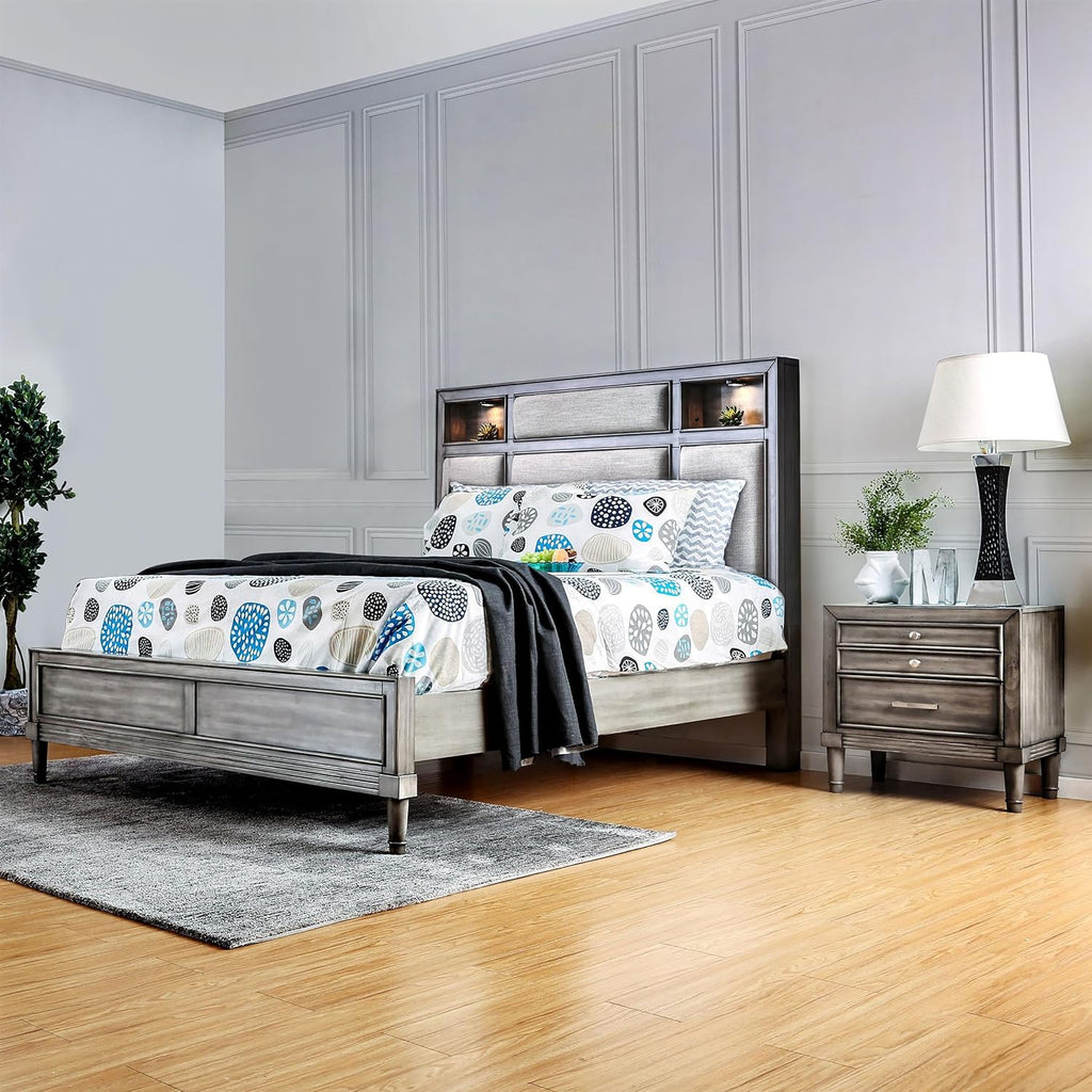 Furniture of America FOA Cartagena 2pc Gray Solid Wood Bedroom Set- Cal King + 1 Nightstand