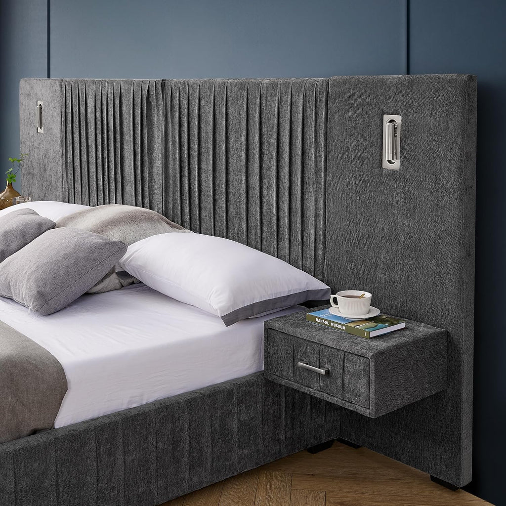 King Size Upholstered Platform Bed Frame with Headboard & Built-in Nightstand, Luxury Bed Frame for Modern Bedroom Sets, No Box Spring Needed, Stable & Adjustable Lighting(Dark Grey)