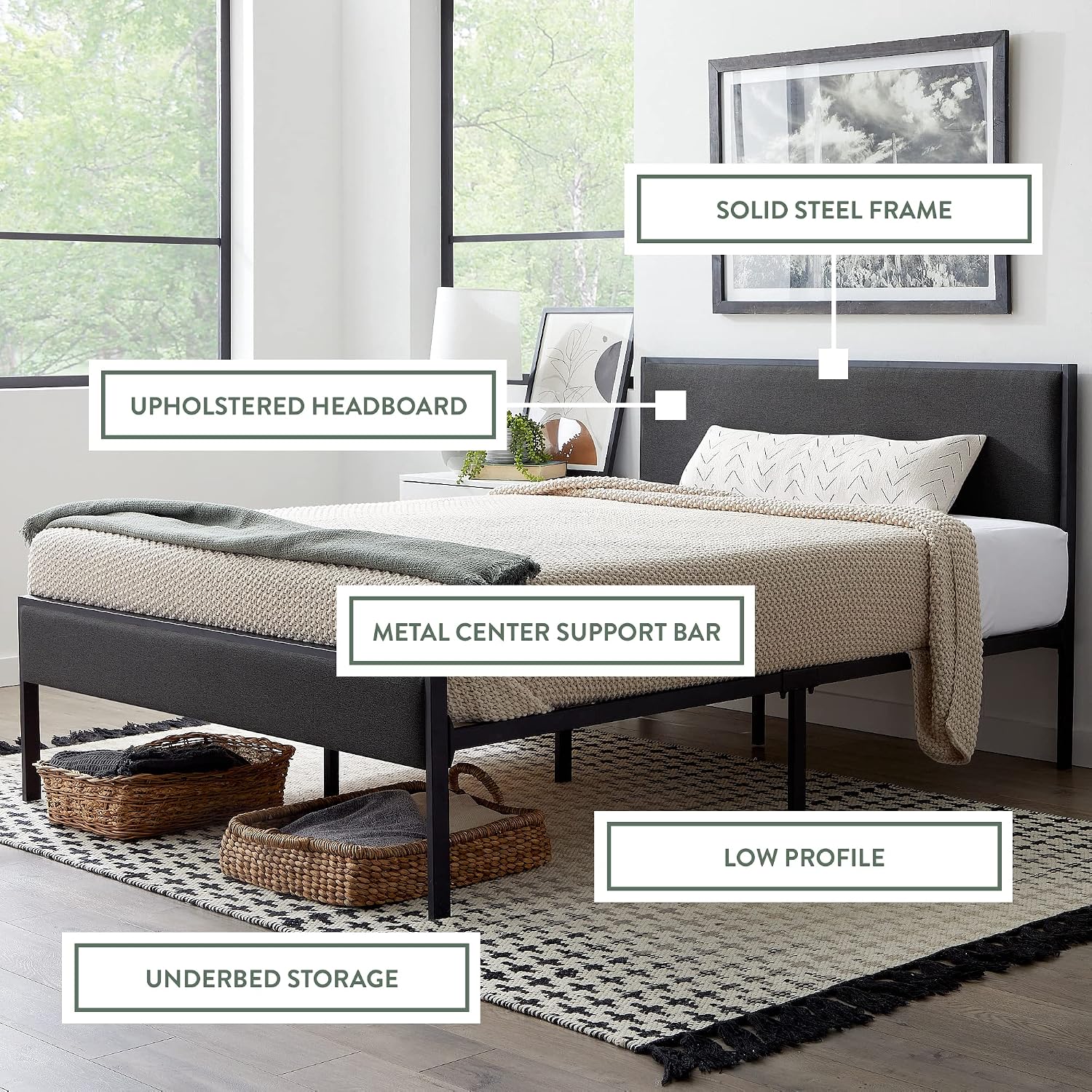 Edenbrook Hudson Twin Platform Bed Frame with Headboard-Underbed Storage-Twin Bed Frame No Box Spring Needed-Metal/Upholstery