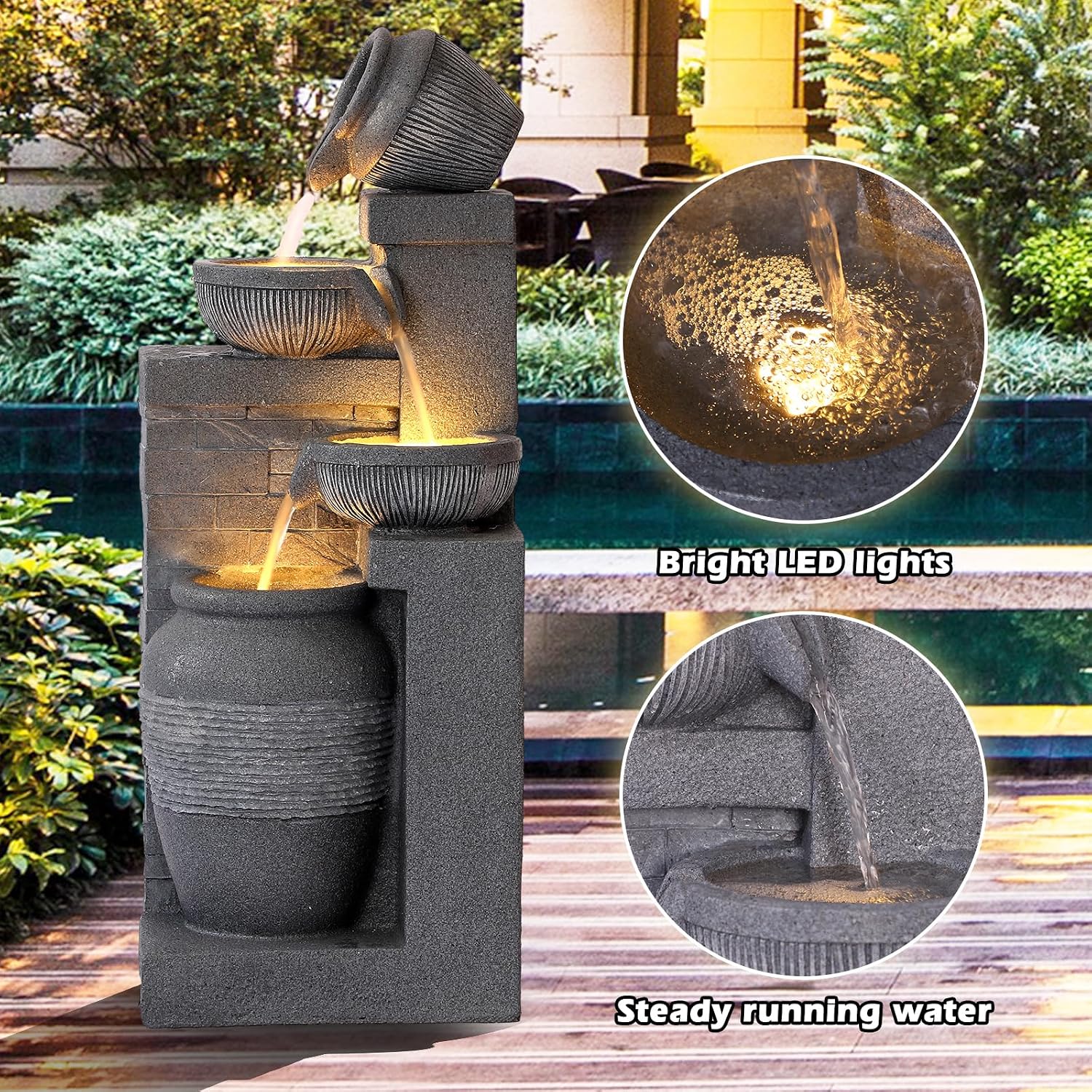 Grepatio Outdoor 4-Tiers Water Fountain, Garden Cascading Waterfalls Fountain with LED Lights, 32' H Modern Indoor/Outdoor Bowl Waterfall Feature Water Fountains for Garden, Patio, Yard Decor (Grey)