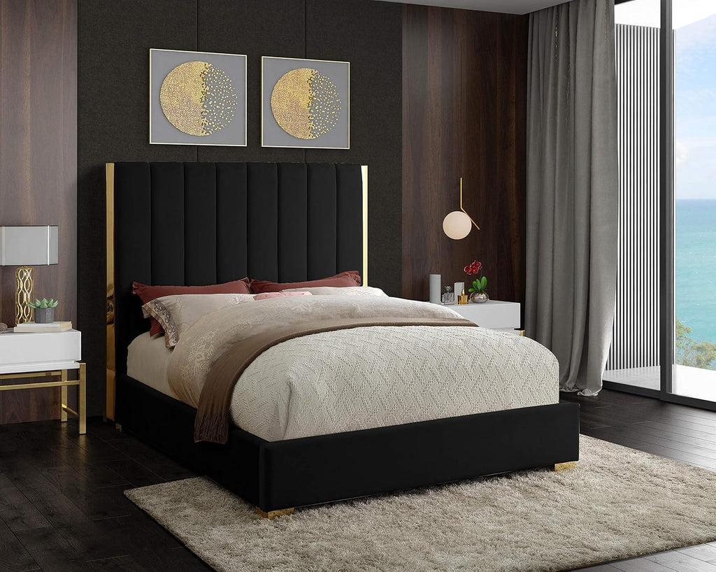 Meridian Furniture Becca Collection Modern | Contemporary Velvet Upholstered Bed with Deep Channel Tufting and Polished Gold Metal Frame, Black, Full