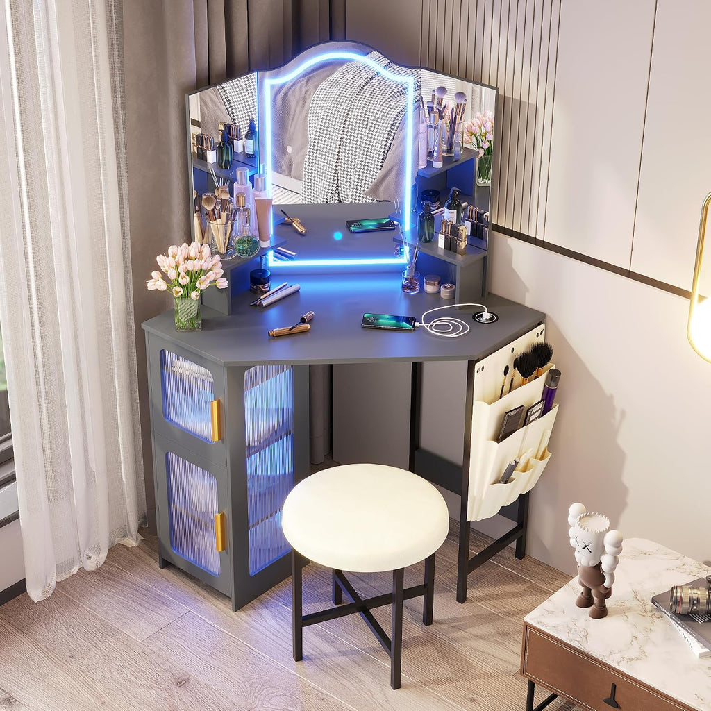 Lareth Corner Vanity Desk with 3 Way Mirror and Lights, Modern Makeup Vanity with Charging Station, 44' Large Bedroom Dressing Table with Stool & Shelves, Gifts for Girls Women, Grey
