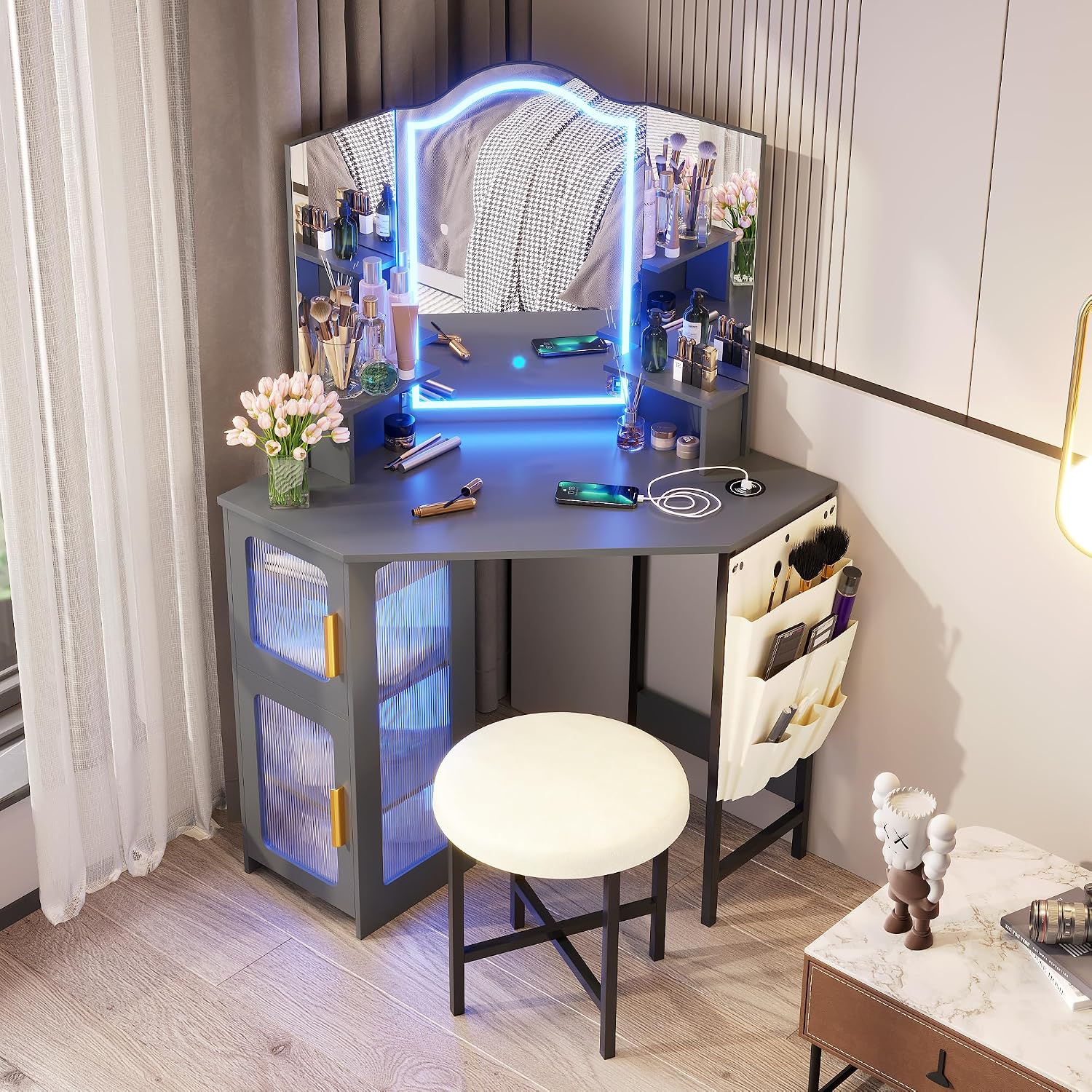 Lareth Corner Vanity Desk with 3 Way Mirror and Lights, Modern Makeup Vanity with Charging Station, 44' Large Bedroom Dressing Table with Stool & Shelves, Gifts for Girls Women, Grey