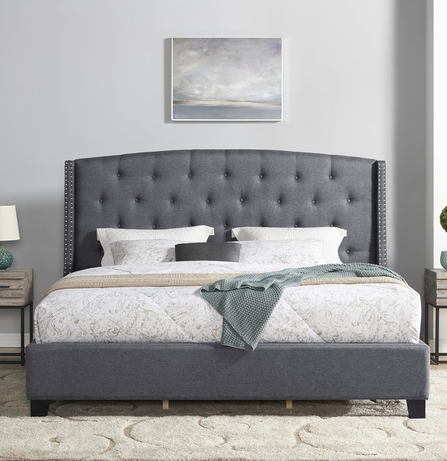 Roundhill Furniture Nantarre Fabric Tufted Wingback Upholstered Bed with Nailhead Trim, King, Gray