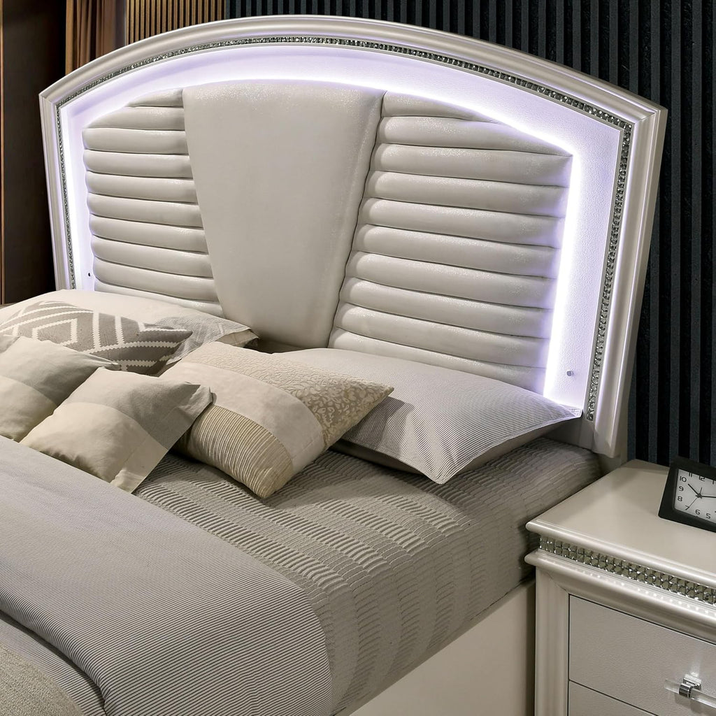 HOMES: Inside + Out Bevill Wood 2-Piece Bedroom Set, King Size Platform Bed with LED Light, Upholstered Headboard and 2-Drawer Nightstand, No Box Spring Required, Pearl White