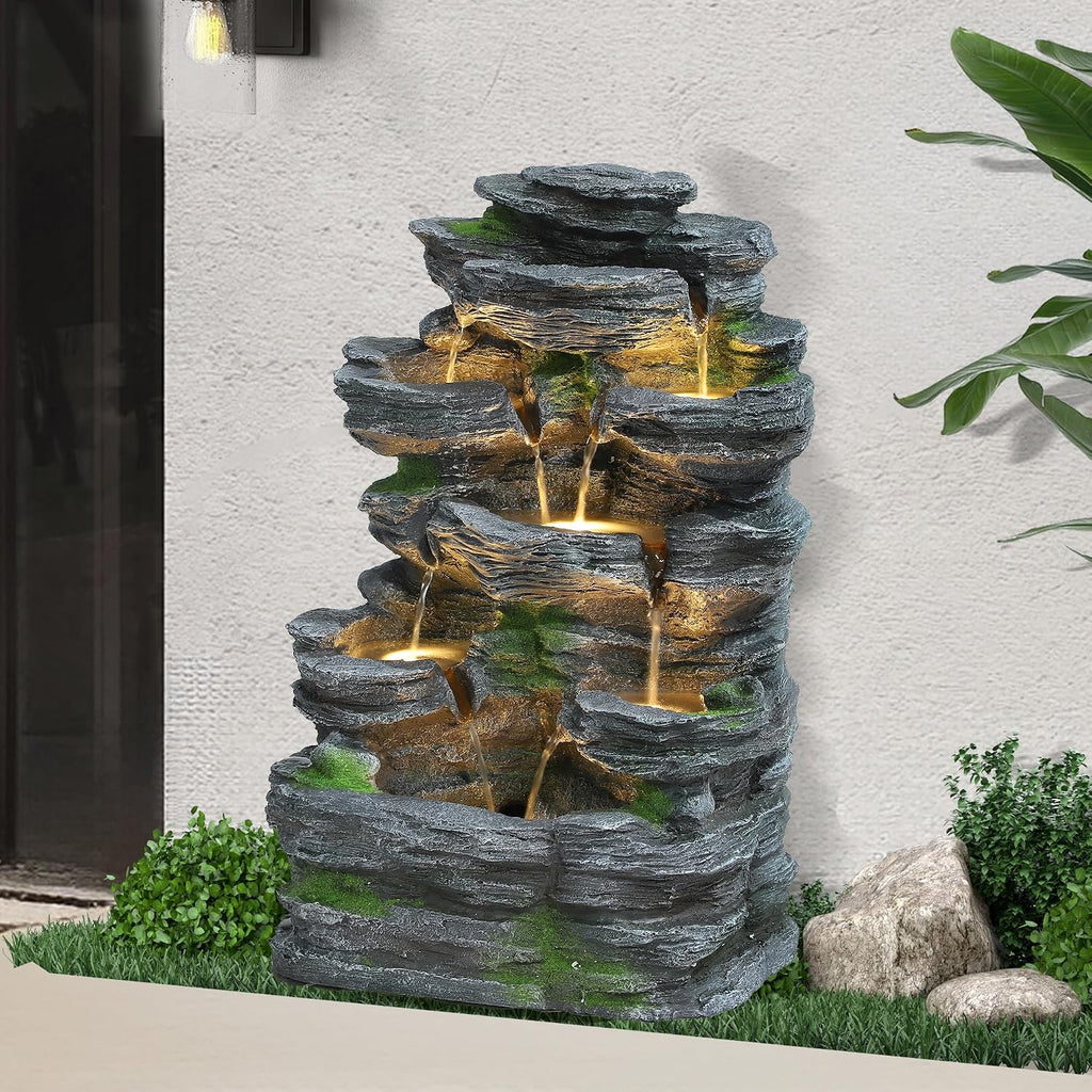 Cascading Rock Water Fountain Outdoor - Waterfalls Fountains with LED Lights, Outdoor/Indoor Resin Fountain for Patio, Garden, Backyard, Deck, Porch, Home Art Docor (24' H)