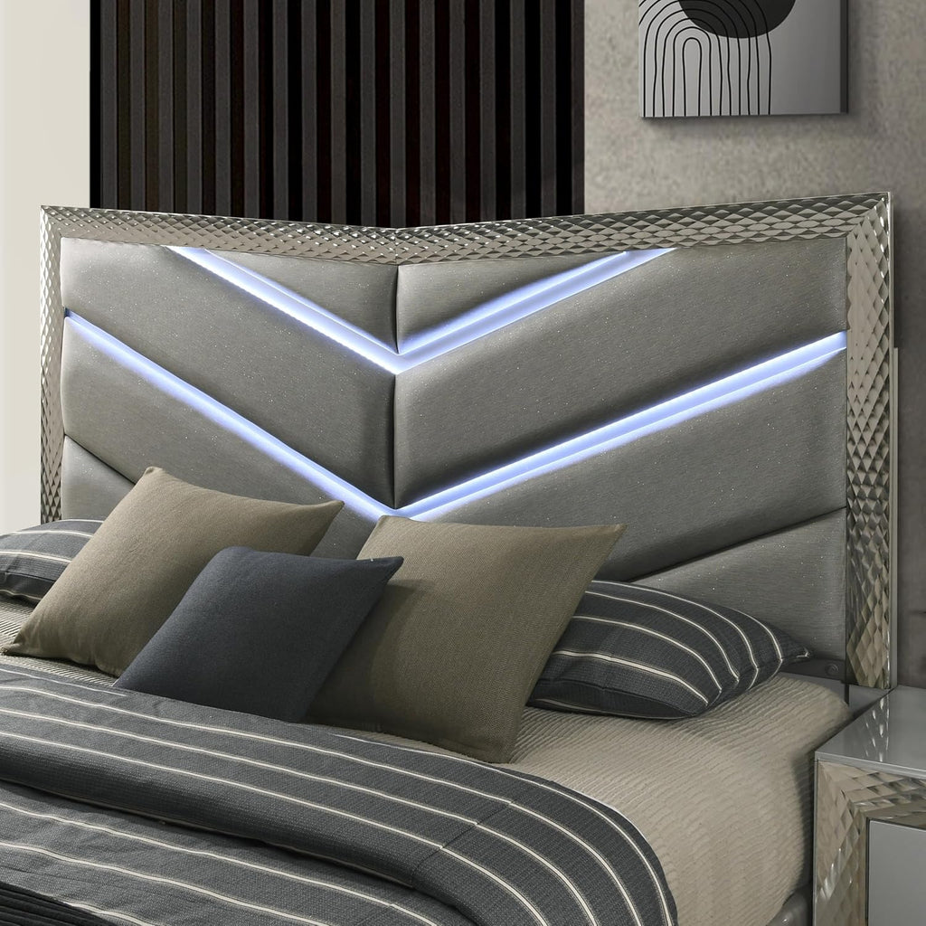 Furniture of America Racken Glam Solid Wood 6-Piece Bedroom Set with LED on Chevron Headboard, Plinth Base, Silver Molding, Metal Side Glide, Felt-Lined Top Drawer, No Box Spring Needed, King, Gray