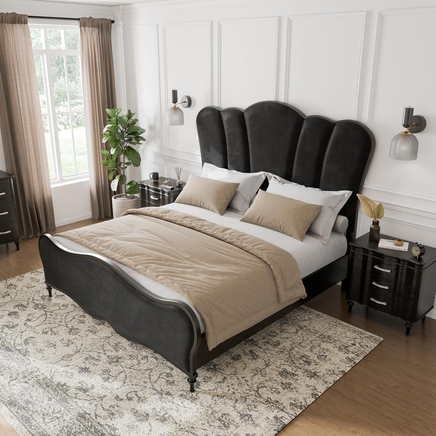 Furniture of America Seabliss Glam Solid Wood 3-Piece Bedroom Collection with Bed Frame and 3-Drawer Nightstands Set of 2, Box Spring Required, Black, Queen