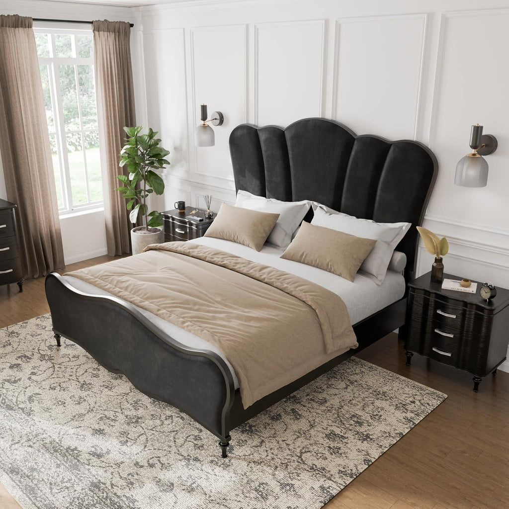 Furniture of America Seabliss Glam Solid Wood 3-Piece Bedroom Collection with Bed Frame and 3-Drawer Nightstands Set of 2, Box Spring Required, Black, King