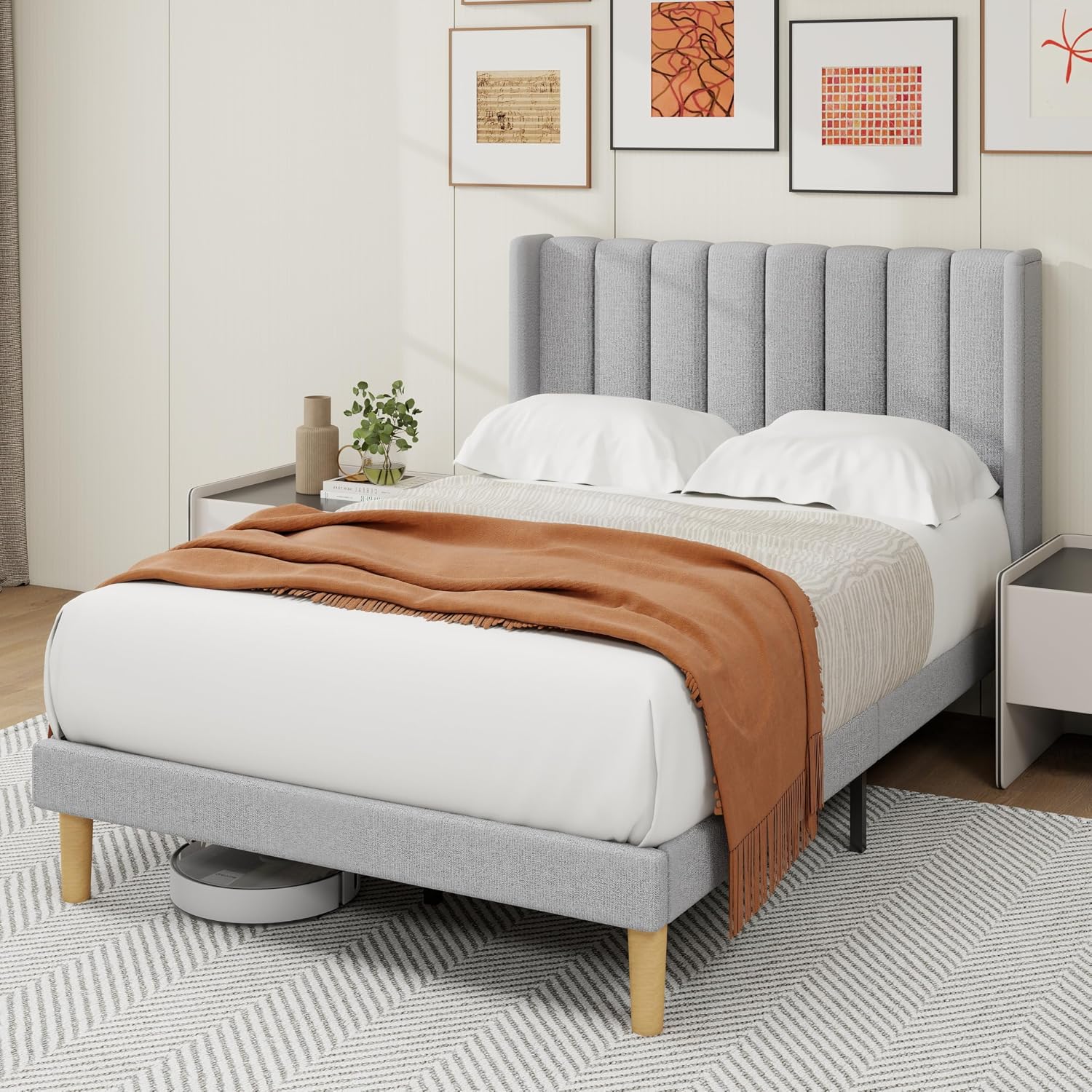 alazyhome Platform Bed Frame Full Size with Upholstered Headboard, Solid Wood Slats Support, No Box Spring Needed, Noise Free, Easy Assembly, Modern Fabric Bed, Light Grey