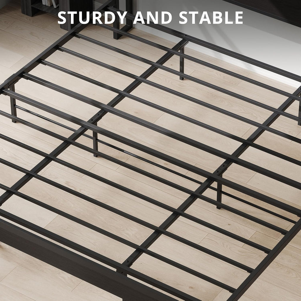 LIKIMIO King Bed Frame with Headboard, Dark Wood Camas King with Strong Supports, Sturdy, Noise-Free, No Box Spring Needed, Classic Black