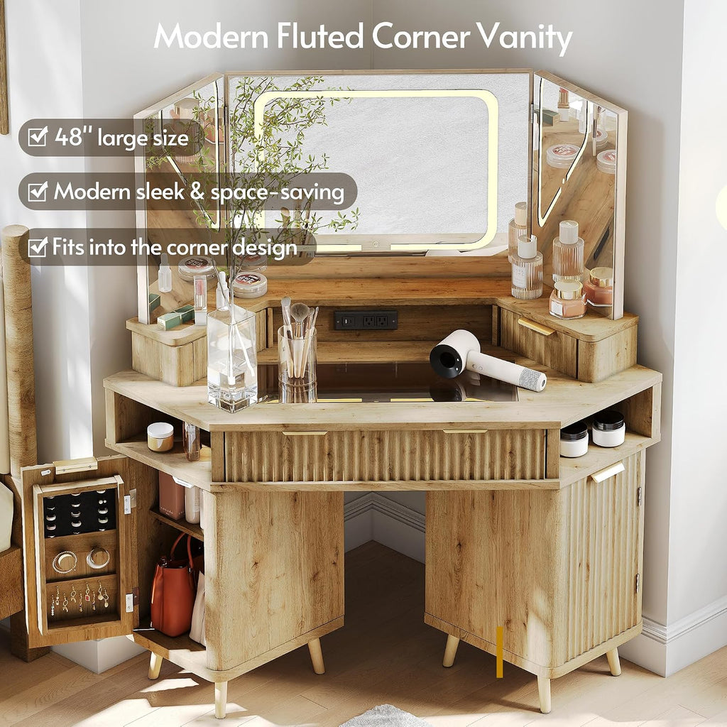ENSTVER Corner Vanity with Clear Glass Top, 47' Corner Makeup Vanity Desk with Large Mirror and Lights, Fluted Wooden Vanity Wall-Mounted Jewelry Storage for Bedroom, Oak