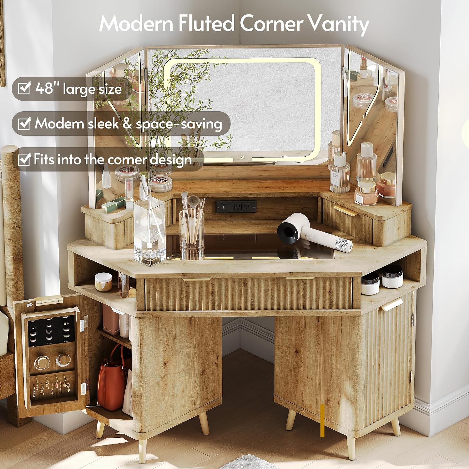 ENSTVER Corner Vanity with Clear Glass Top, 47' Corner Makeup Vanity Desk with Large Mirror and Lights, Fluted Wooden Vanity Wall-Mounted Jewelry Storage for Bedroom, Oak