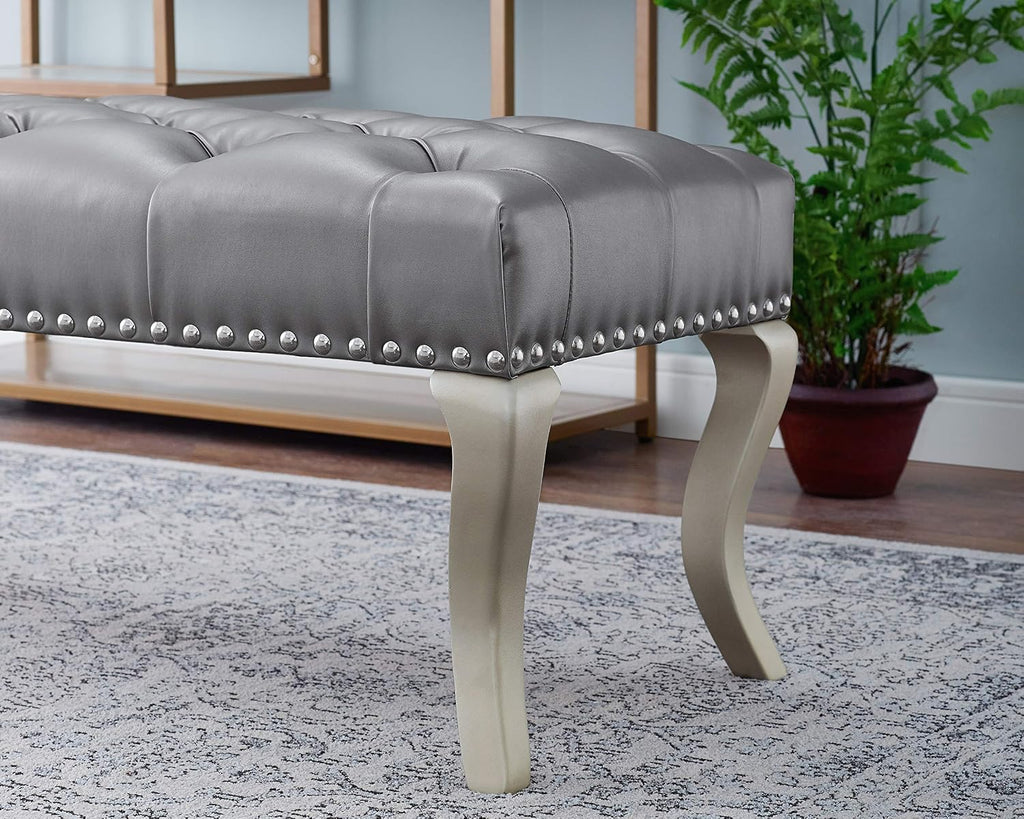 Roundhill Furniture Maxem Tufted Faux Leather Upholstered Seat with Nailhead Trim Bench, Champagne