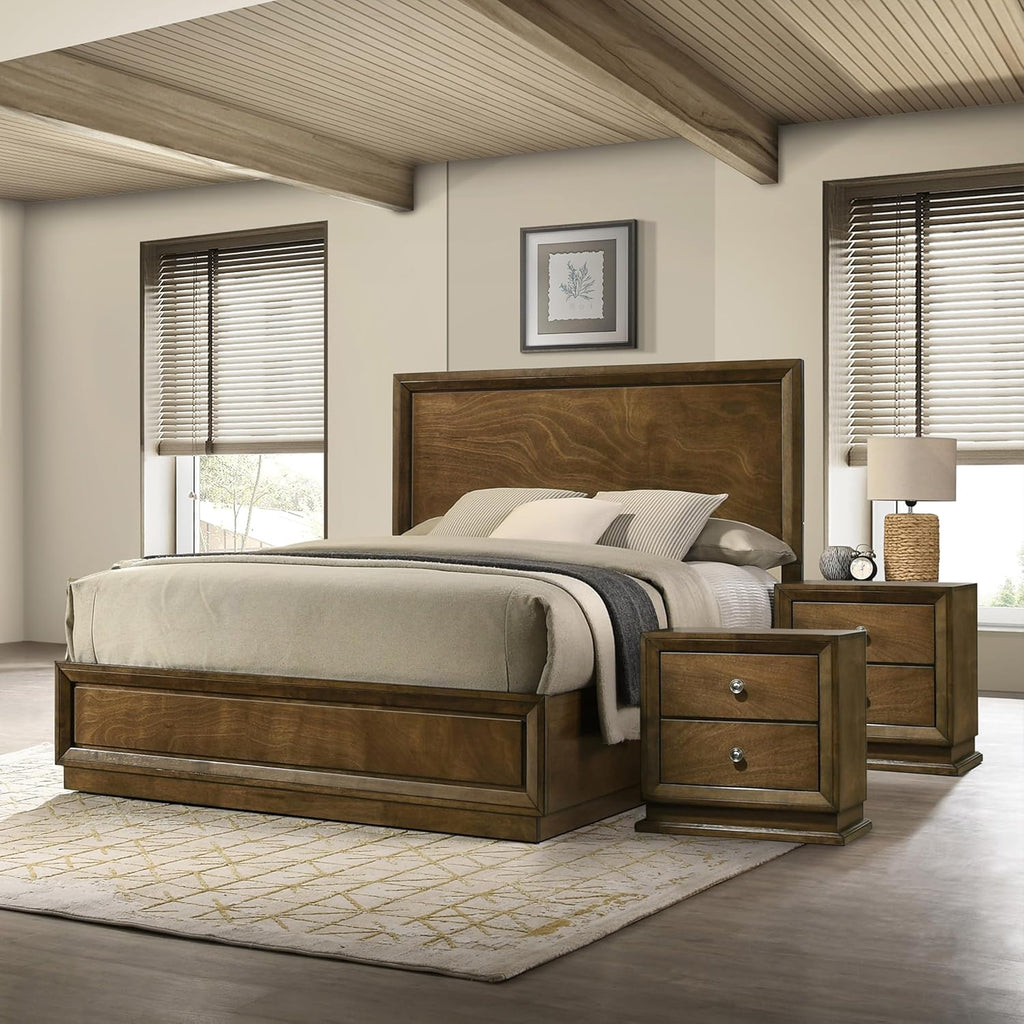 Furniture of America Extan Modern Solid Wood 3-Piece Bedroom Set with Beveled Corner, Metal Center Glide, Zinc Iron Bronze Knobs, Box Spring Needed, Full, Walnut