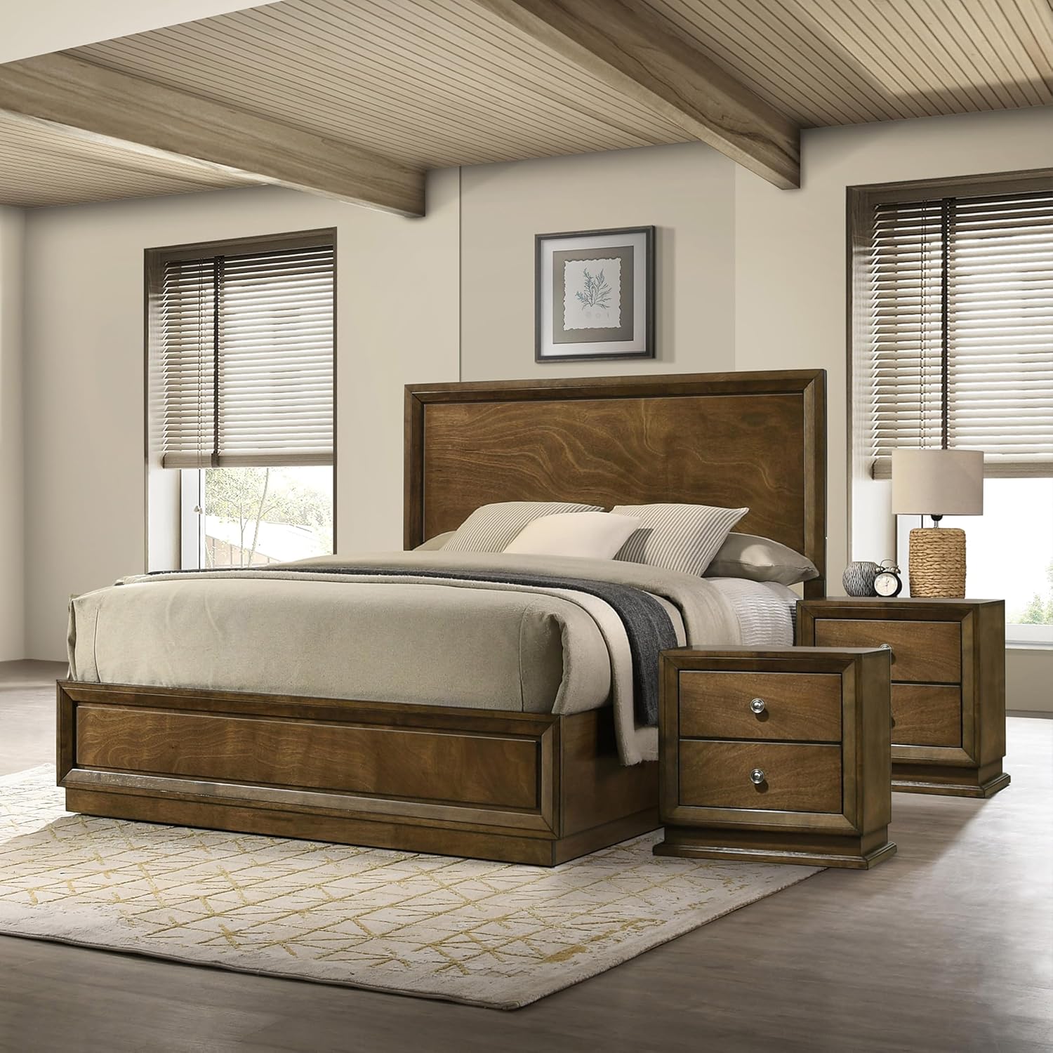 Furniture of America Extan Modern Solid Wood 3-Piece Bedroom Set with Beveled Corner, Metal Center Glide, Zinc Iron Bronze Knobs, Box Spring Needed, Full, Walnut
