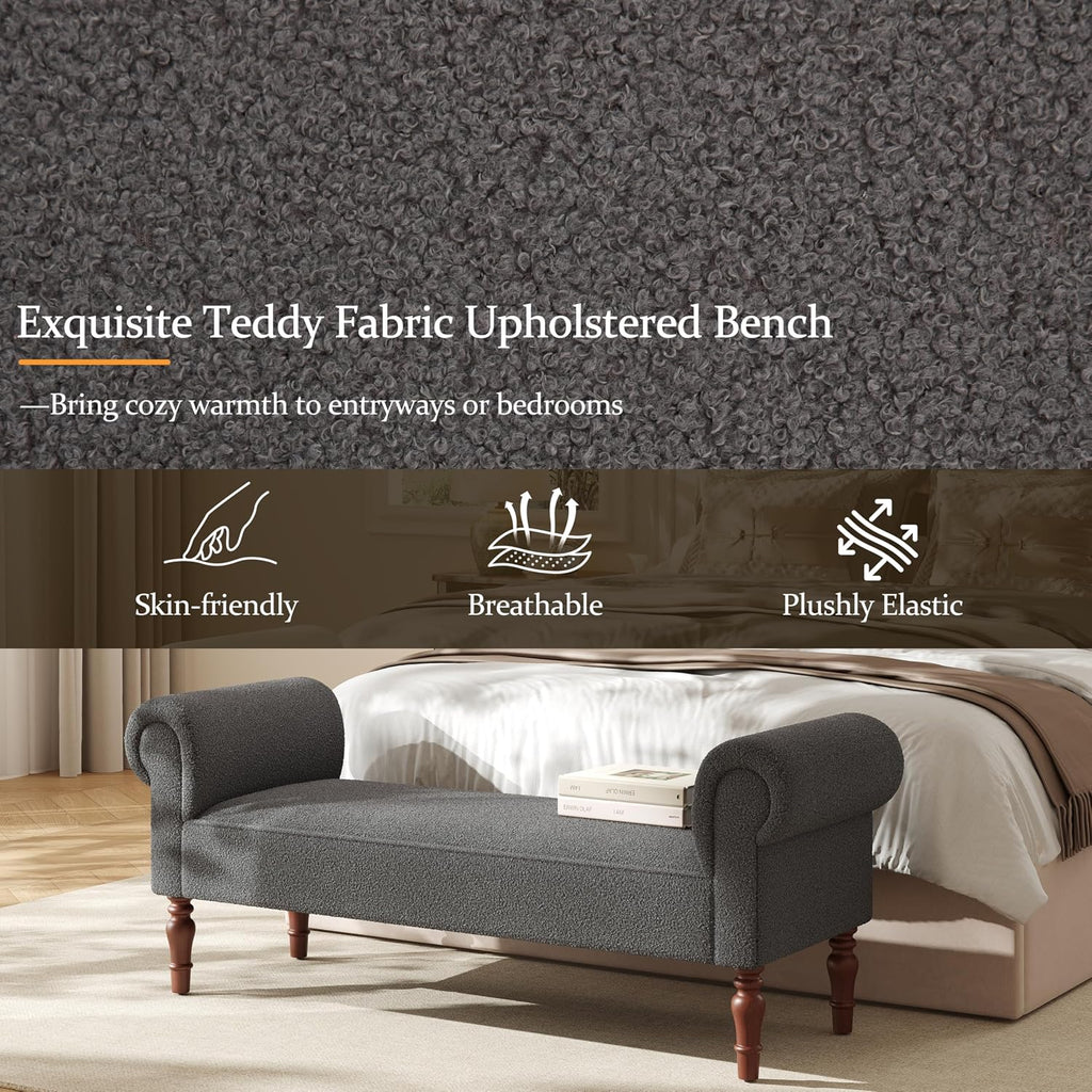 Merax 59' Upholstered Teddy Bench with Rolled Arms, End of Bed Bench with Cushion & Solid Wood Legs for Bedroom, Living Room, Entryway, Grey