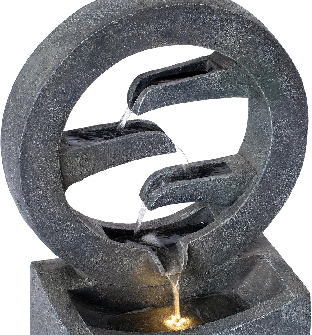 Merax 26.77' H Gray Circular Polyresin Outdoor Water Fountain with LED Light, Freestanding Modern Cascading Water Feature for Patio Garden Backyard Decor