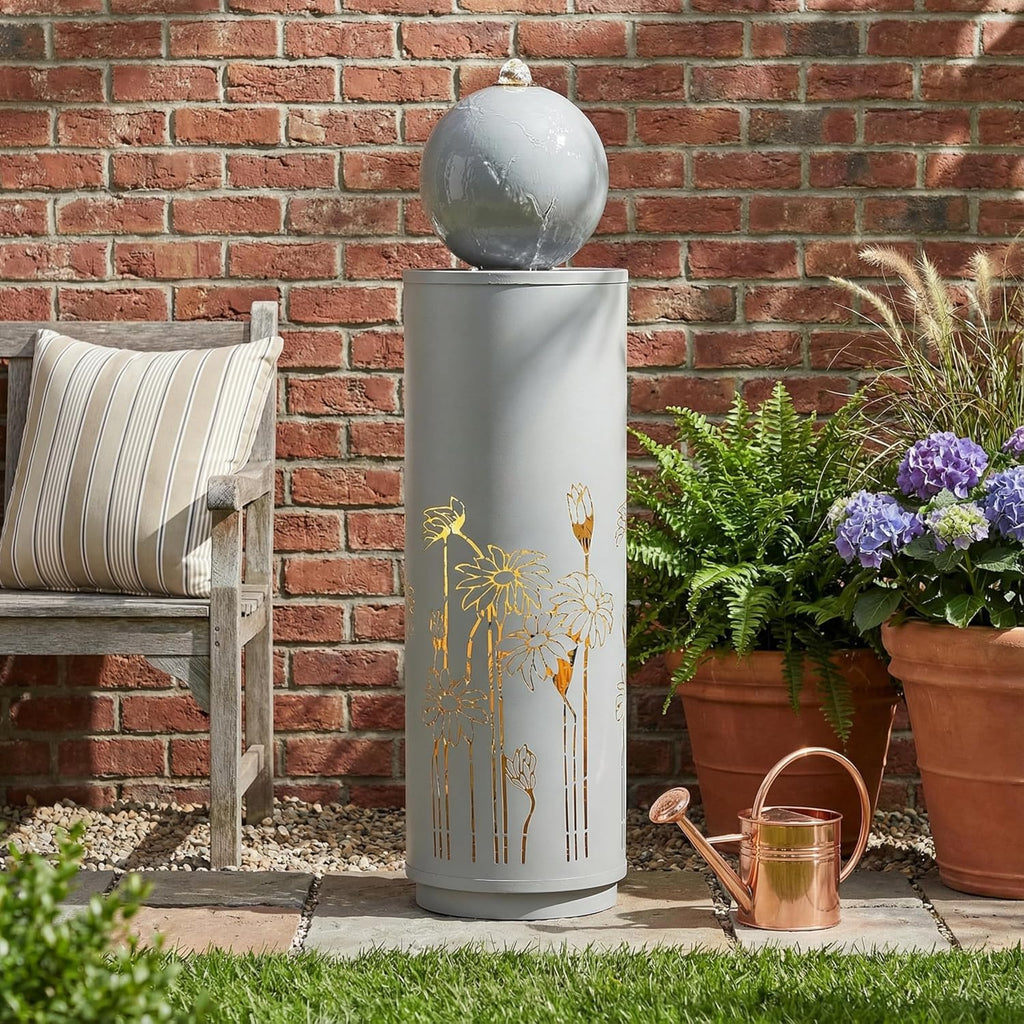 Merax 34.25' H Light Gray Metal Cutout Outdoor Water Fountain with LED Lights, Modern Freestanding Sphere-Top Water Feature for Patio Garden Backyard Decor