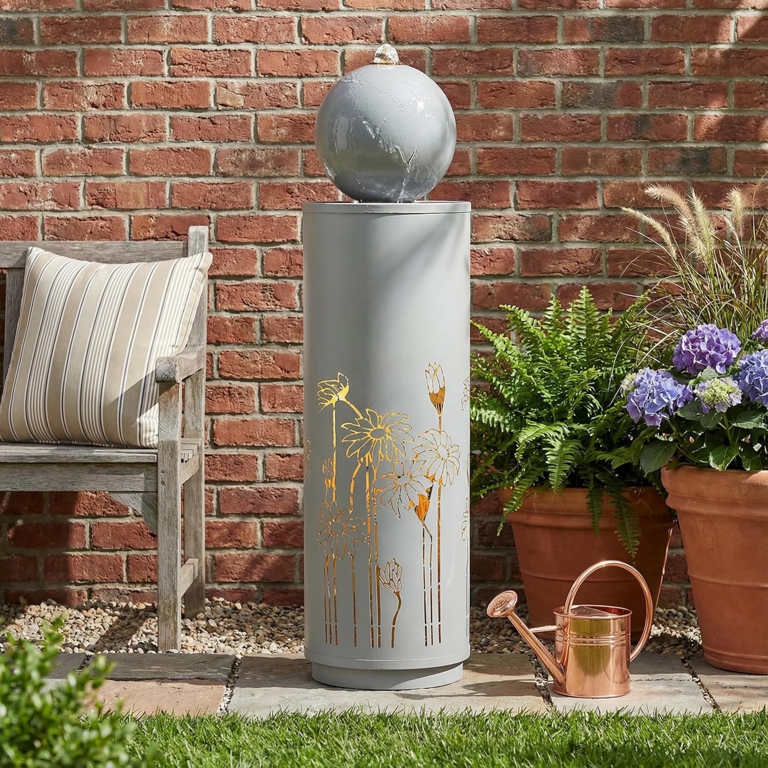 Merax 34.25' H Light Gray Metal Cutout Outdoor Water Fountain with LED Lights, Modern Freestanding Sphere-Top Water Feature for Patio Garden Backyard Decor