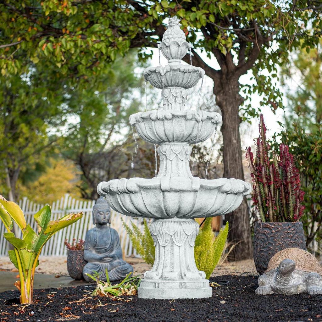 XBrand 58.3' 3-Tier Outdoor Freestanding Water Fountain - Classic Leaf Design, White Resin, Large Bird Bath with Pump - Ideal for Yard, Lawn and Garden, Porch Décor