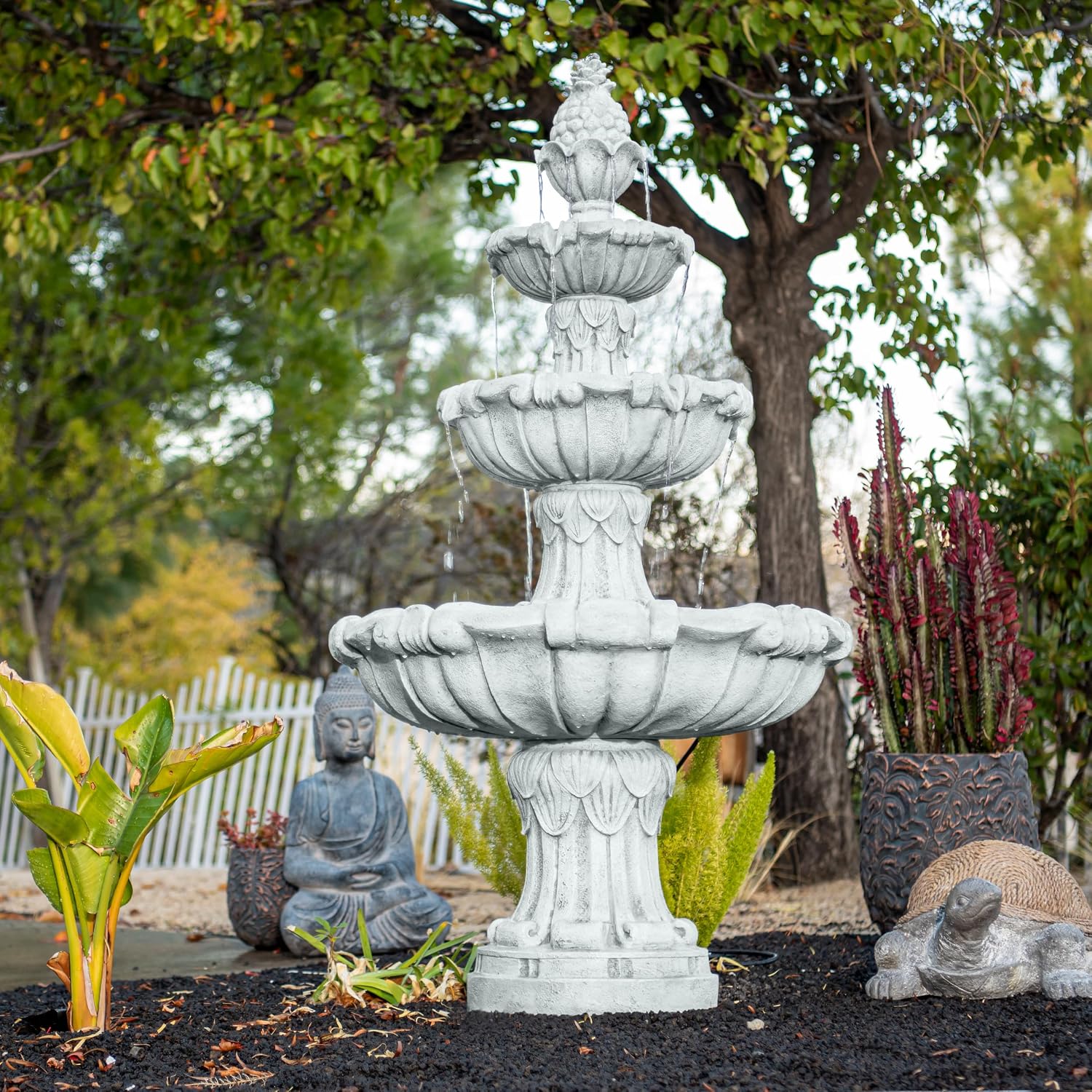 XBrand 58.3' 3-Tier Outdoor Freestanding Water Fountain - Classic Leaf Design, White Resin, Large Bird Bath with Pump - Ideal for Yard, Lawn and Garden, Porch Décor