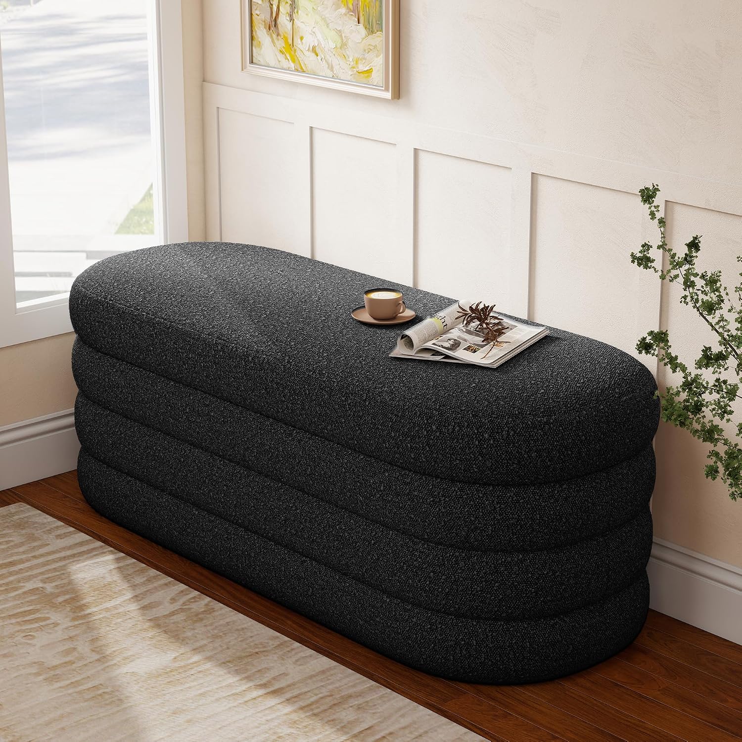 Busaurus Storage Ottoman Bench 49.2 Inch Upholstered Fabric Storage Bench for Bedroom End of Bed Aesthetic Large Oval Ottoman for Living Room Entryway (Black)
