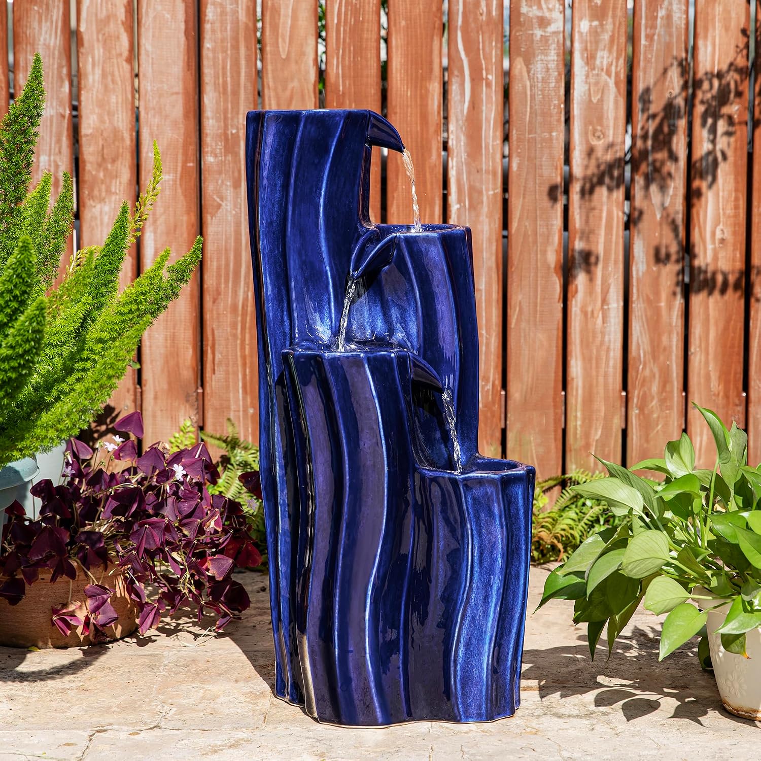 Glitzhome 30' Tall Outdoor Water Fountain with LED Light, Pump & Adapter, 4-Tier Cobalt Blue Wavy Texture Ceramic Cascading Garden Fountains Waterfalls for Porch Deck Patio Backyard