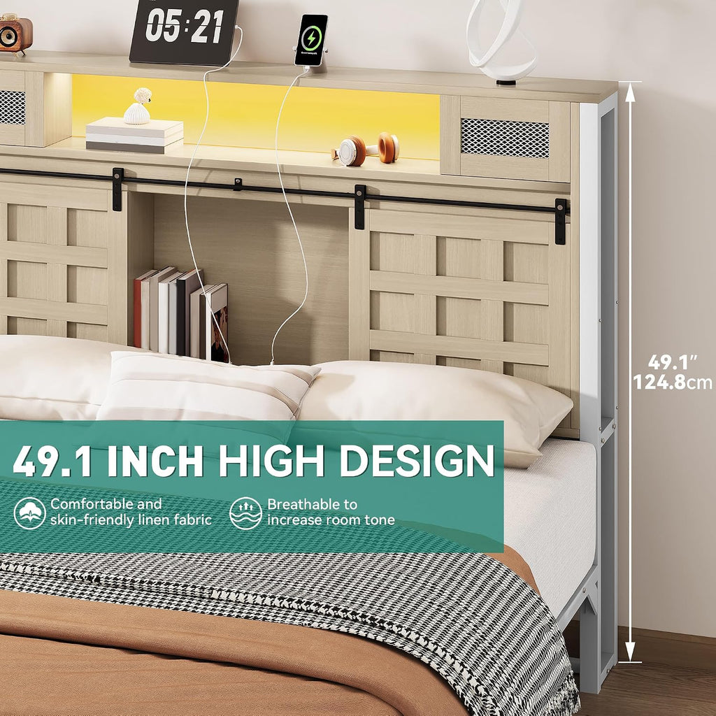 YITAHOME Farmhouse Bed Frame King Size with Storage Bookcase Headboard, Wooden Bed Frame with Charging Station & Led Light, Platform Bed with Sliding Barn Door, No Box Spring Needed,Oak w/Light
