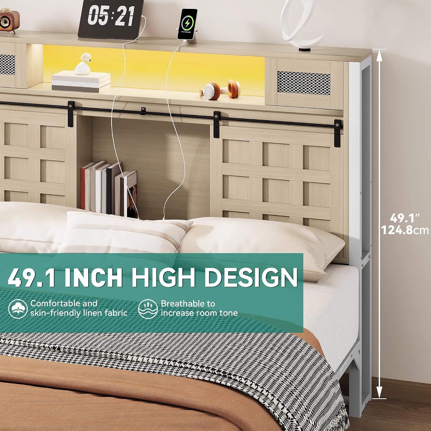 YITAHOME Farmhouse Bed Frame King Size with Storage Bookcase Headboard, Wooden Bed Frame with Charging Station & Led Light, Platform Bed with Sliding Barn Door, No Box Spring Needed,Oak w/Light