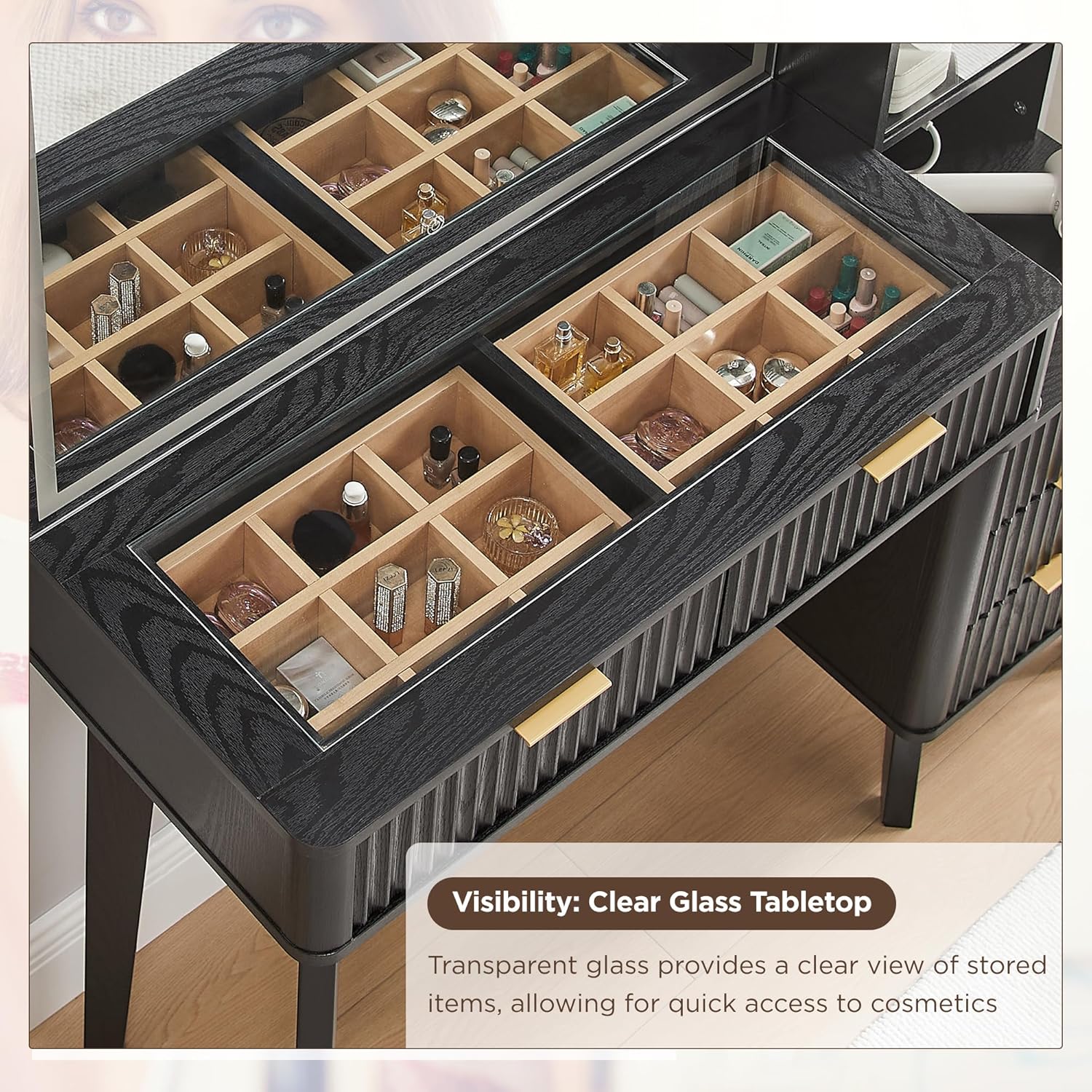 T4TREAM 48' Fluted Makeup Vanity Desk with Large 36' Mirror and Lights, Modern Glass Top Big Vanity Table w/5 Drawers & Adjustable Shelves, Dressing Table w/Charging Station for Bedroom, Black