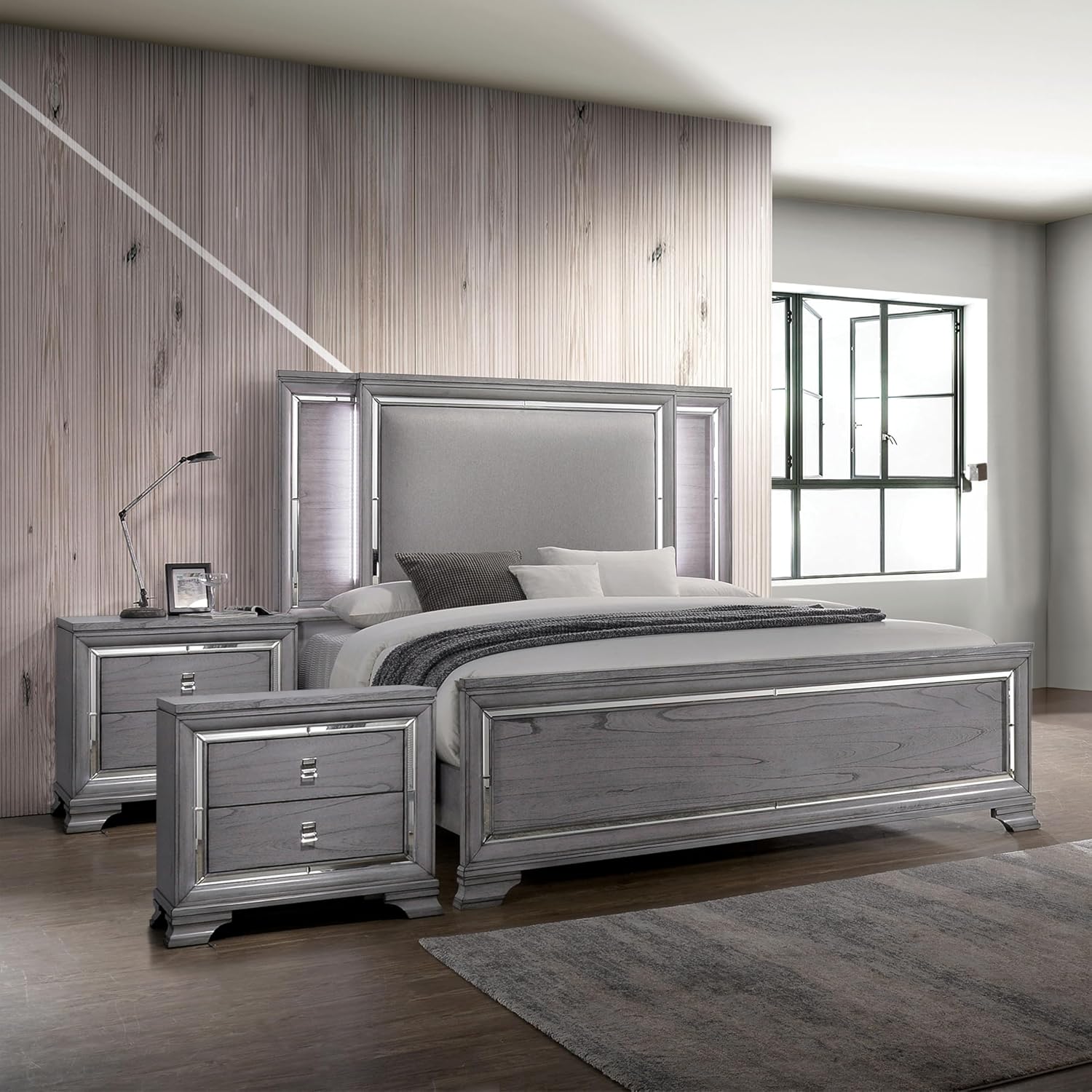 Furniture of America Zenka Wood Frame 3-Piece Bedroom Set, King-Size Bed with Lighted & Padded Headboard and 2-Drawer Nightstand, Felt-Lined Top Storage, Box Spring Required, Light Gray