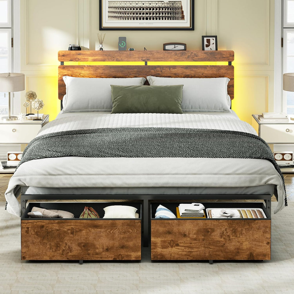 Forestell Full Size Bed Frame with Wood Headboard, Metal Platform Bed with 2 Storage Drawers & Shelf, Built in Charging Station & LED Lights, No Box Spring Needed, Vintage Brown, Camas Full