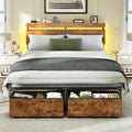 Forestell Full Size Bed Frame with Wood Headboard, Metal Platform Bed with 2 Storage Drawers & Shelf, Built in Charging Station & LED Lights, No Box Spring Needed, Vintage Brown, Camas Full