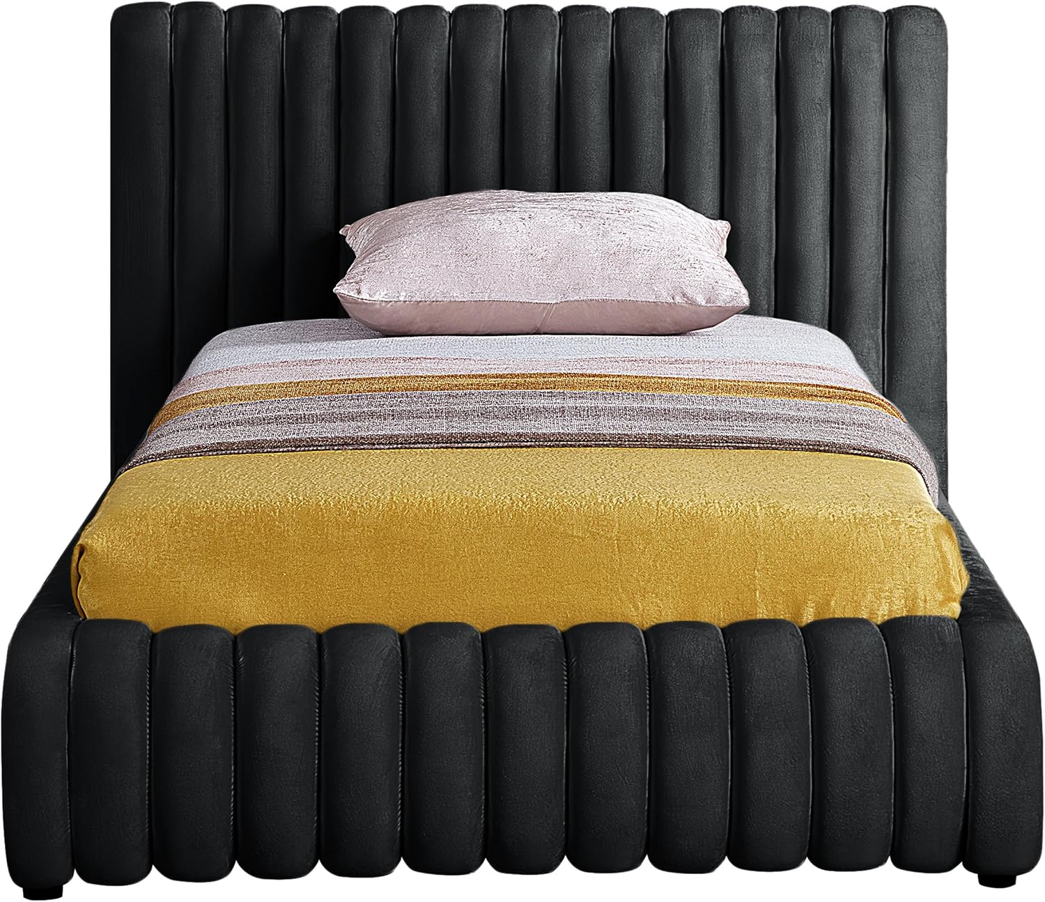 Meridian Furniture NicoBlack-T Nico Collection Modern | Contemporary Velvet Upholstered Twin Bed with Rich Black Velvet and Deep Channel Tufting, 53' W x 86' D x 38' H, Black, Twin
