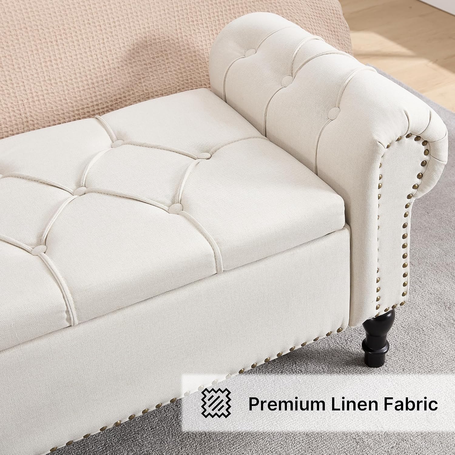 67 Inch Storage Bench for Bedroom, King Size End of Bed Bench, Upholstered Bench with Rolled Arms, Linen Tufted Button Storage Ottoman Benches, Living Room, Entryway, Beige