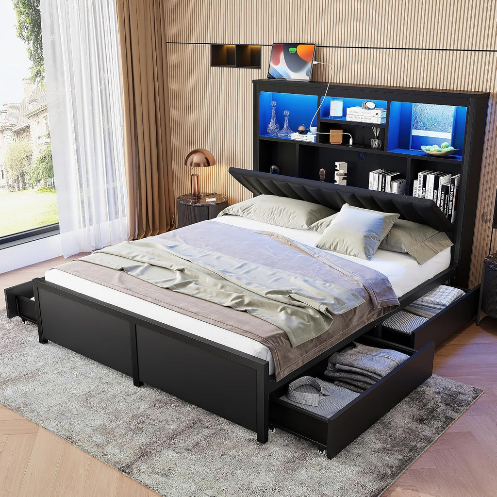 Queen Bed Frame with Storage Drawers & High Storage Headboard, Metal Queen Bed Frame with Headboard, LED light & Charging Station, Platform Bed Frames Queen Size, No Box Spring Needed, Black