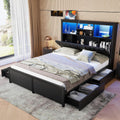 Queen Bed Frame with Storage Drawers & High Storage Headboard, Metal Queen Bed Frame with Headboard, LED light & Charging Station, Platform Bed Frames Queen Size, No Box Spring Needed, Black