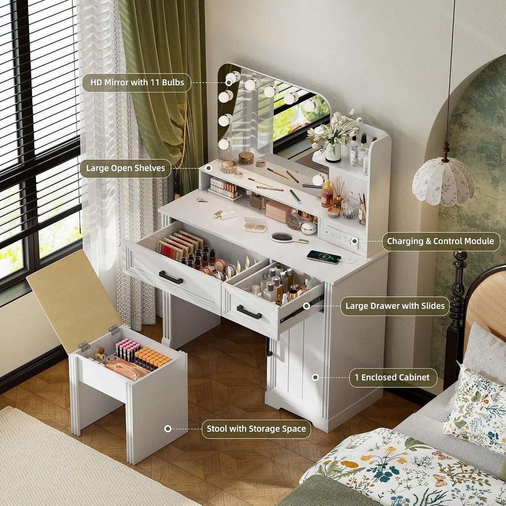 Lvifur Farmhouse Makeup Vanity Desk with Lighted Mirror, LED Vanity Table with Mirror and Lights, Dressing Table with Charging Station, Vanity Set with Storable Stool & Drawer, Gift for Girls (White)