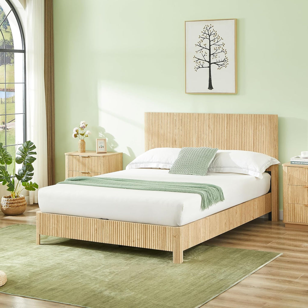 Queen Size Wood Bed Frame with Headboard, Modern Retro Oak Platform Beds Frames, Mid Century Rustic Wooden Bedroom Floor-BedFrame, No Box Spring Needed, Easy Assembly (Oak, Queen, Metal Base)