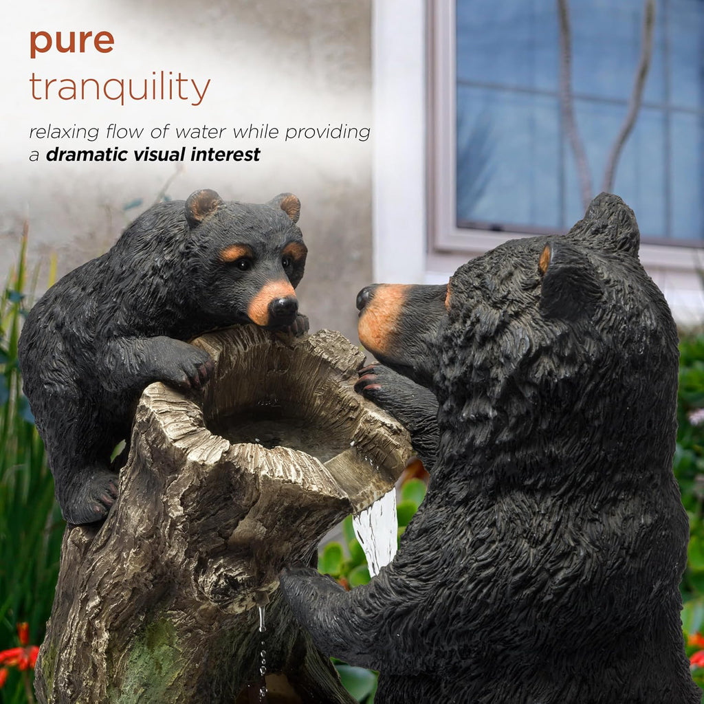 Alpine Corporation USA1132 Indoor/Outdoor Floor Bear and Cub on Log Fountain, Playful Bear and Cub Garden Fountain 26', Black